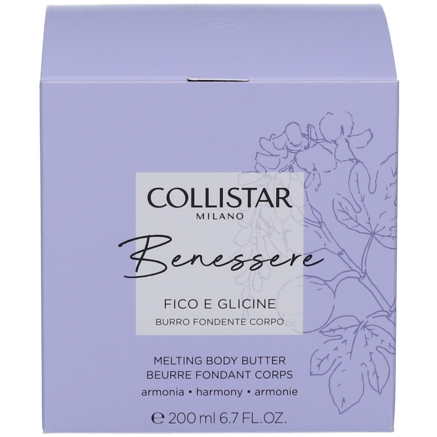 Confezione prodotto: scatola. Scritta: Collistar, Benessere, Fico e Glicine, Melting Body Butter.