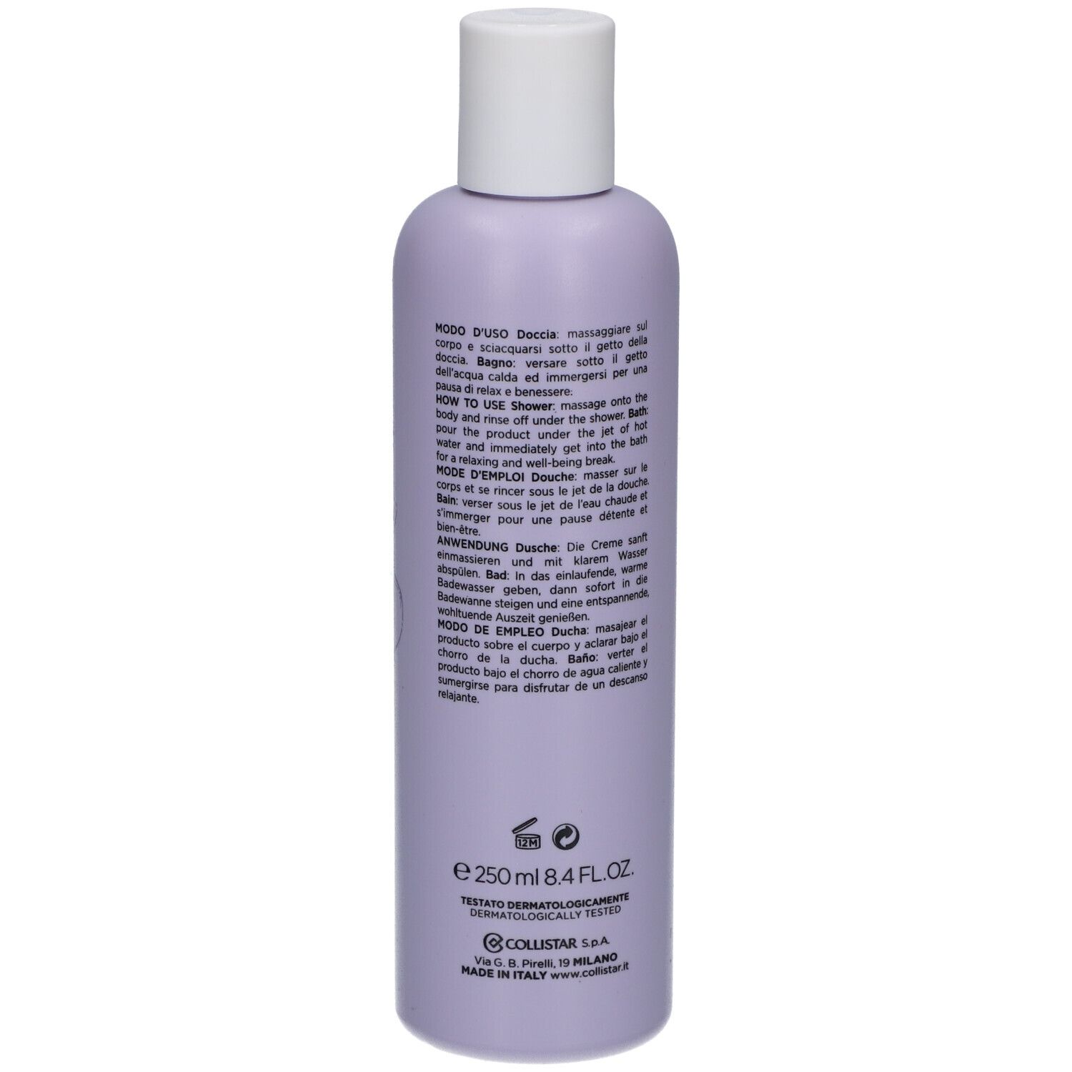 Flacone di latte-crema doccia lilla, tappo bianco. Testo in italiano. Informazioni sul prodotto sul retro.