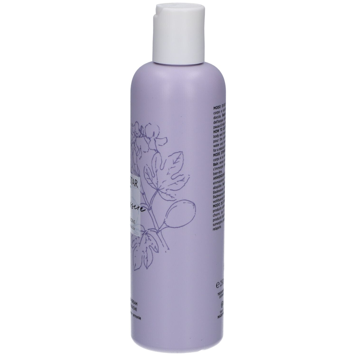 Flacone di latte-crema doccia lilla, tappo bianco. Scritte: Collistar, Benessere, Fico e Glicine. Illustrazioni di fichi e glicine.