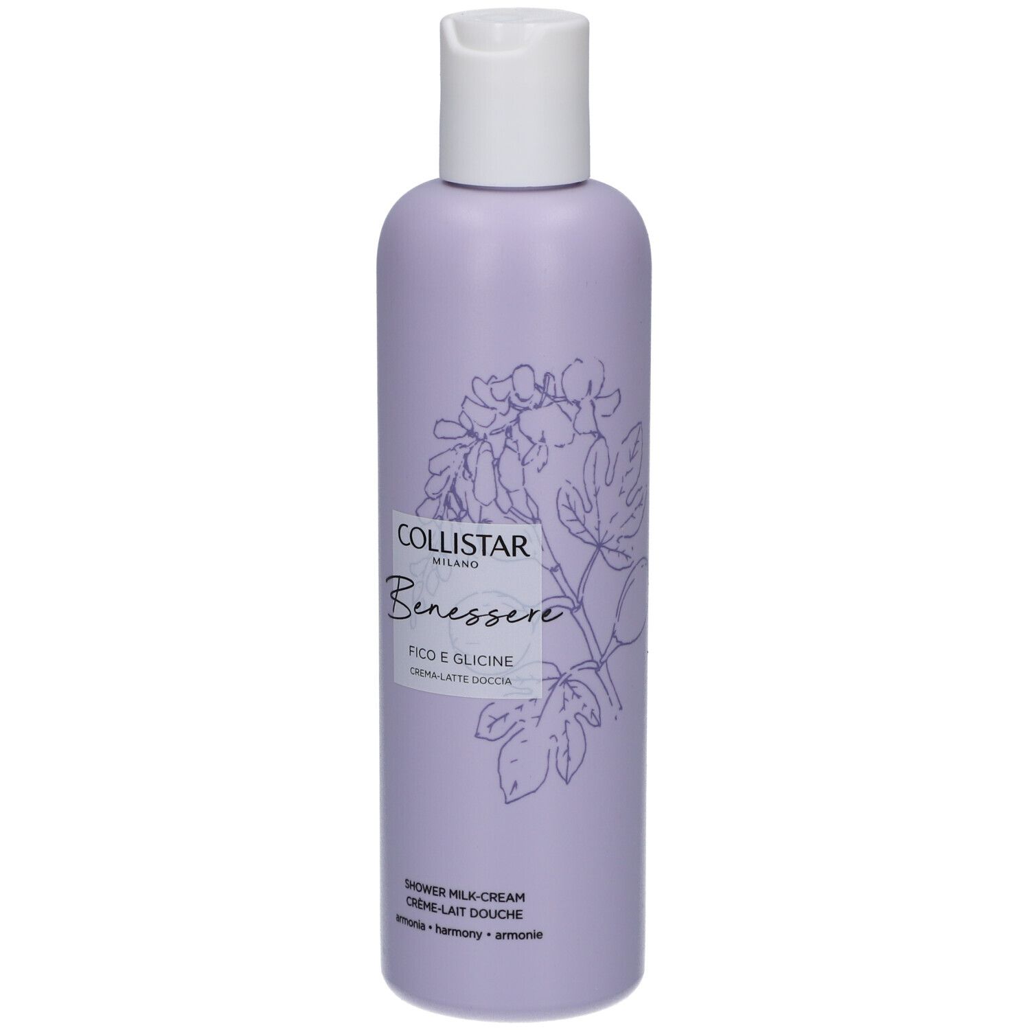 Flacone di latte-crema doccia lilla, tappo bianco. Scritte: Collistar, Benessere, Fico e Glicine. Illustrazioni di fichi e glicine.