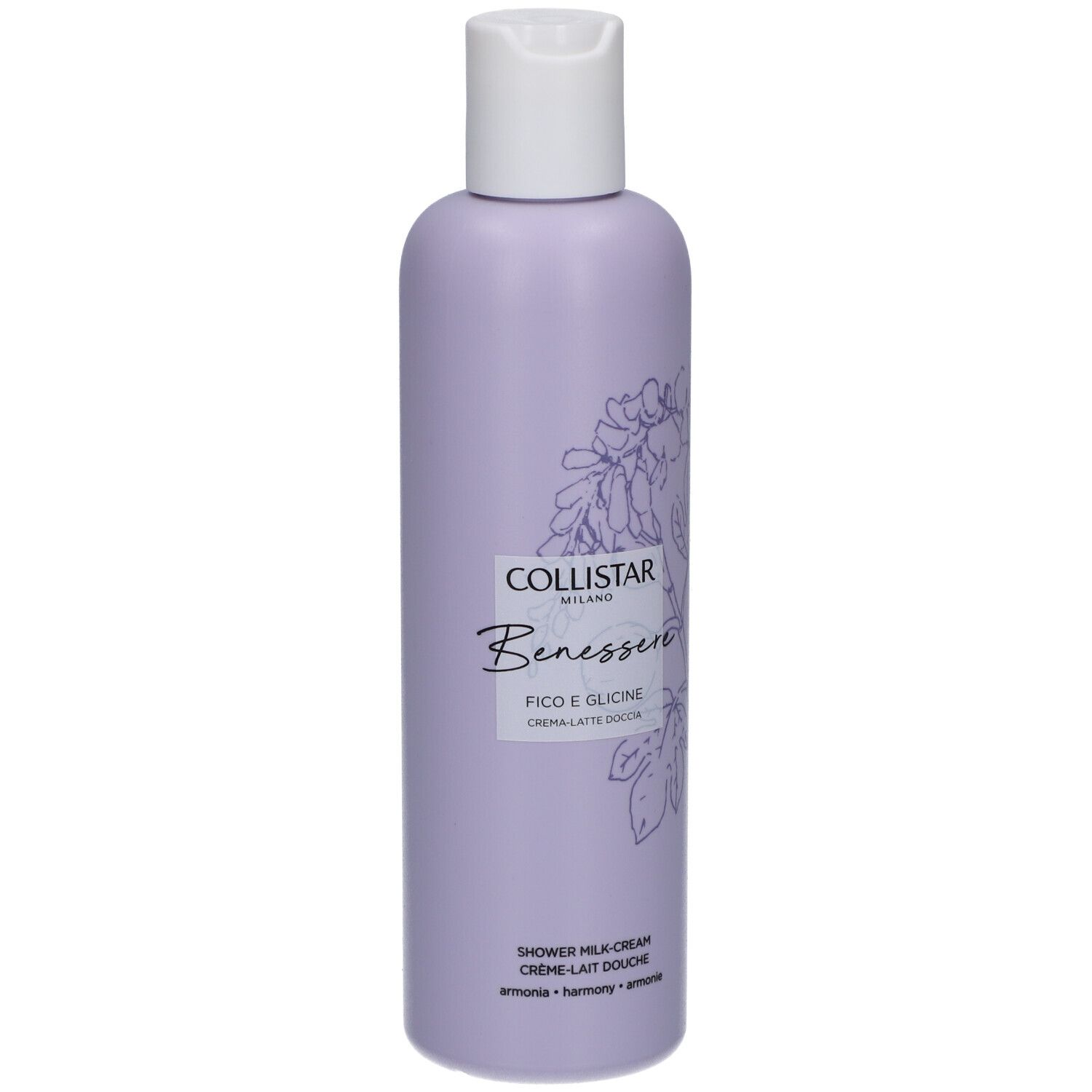 Flacone di latte-crema doccia lilla, tappo bianco. Scritte: Collistar, Benessere, Fico e Glicine. Illustrazioni di fichi e glicine.