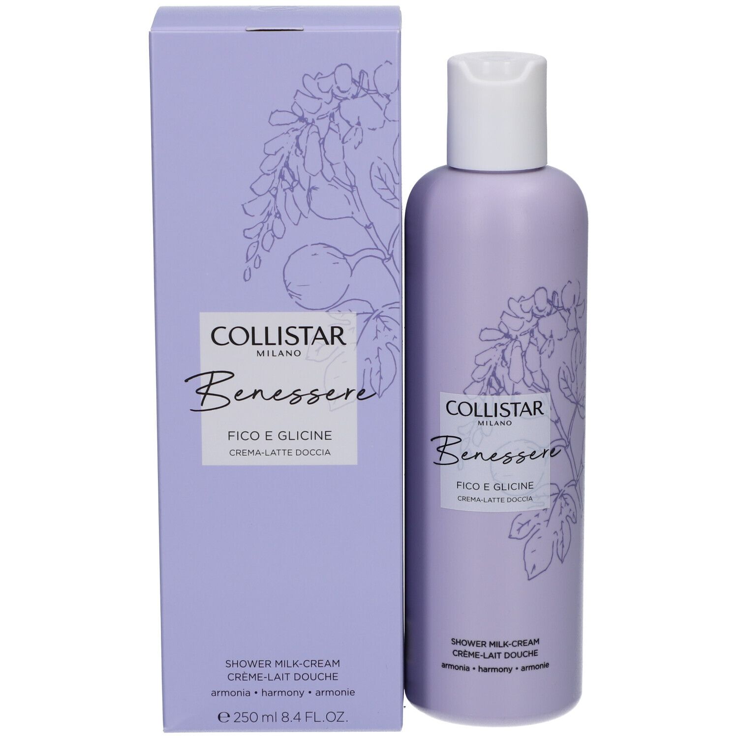 Confezione e flacone di latte-crema doccia. Lilla, tappo bianco. Scritte: Collistar, Benessere, Fico e Glicine.