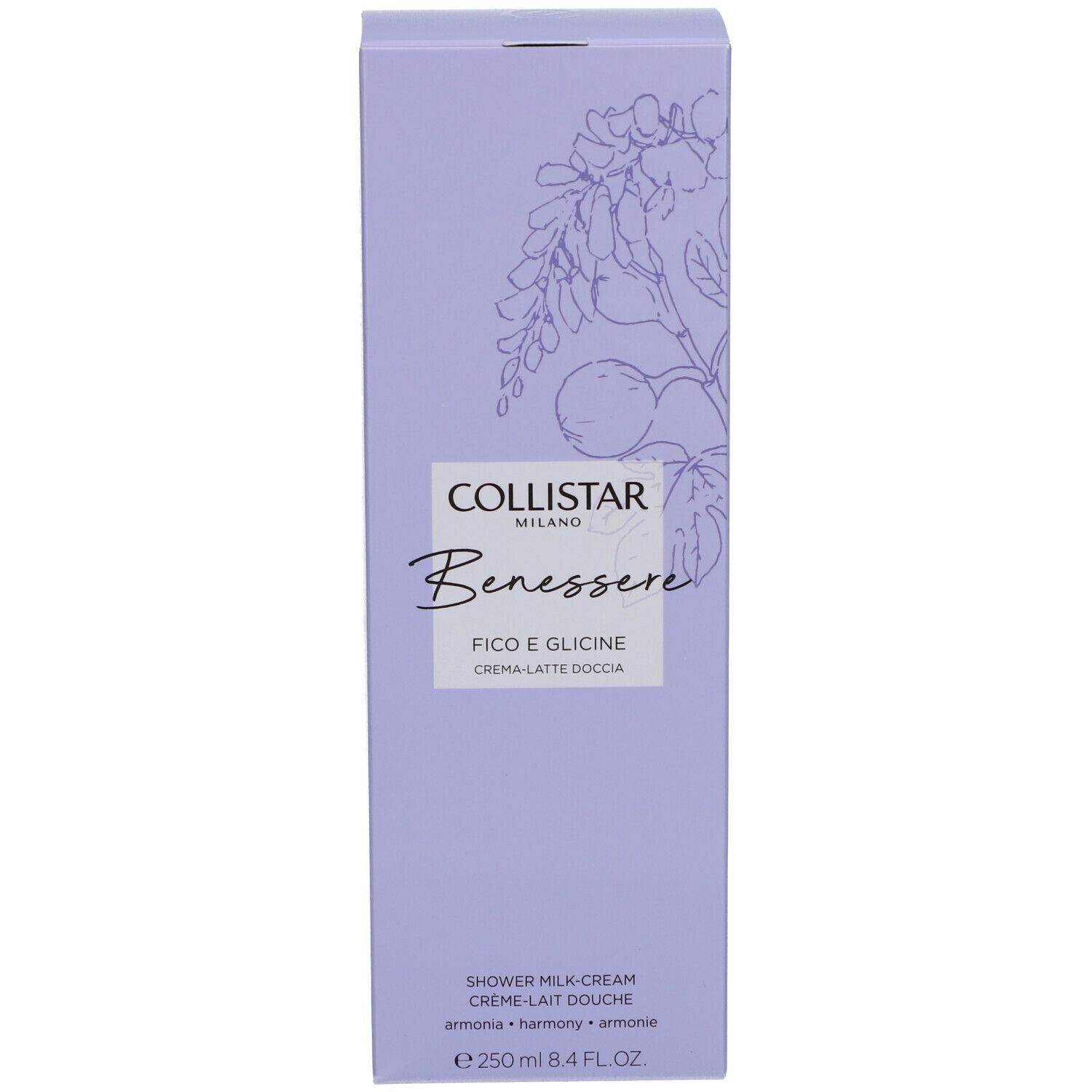 Confezione. Lilla, scritte: Collistar, Benessere, Fico e Glicine, Crème-Lait Douche.