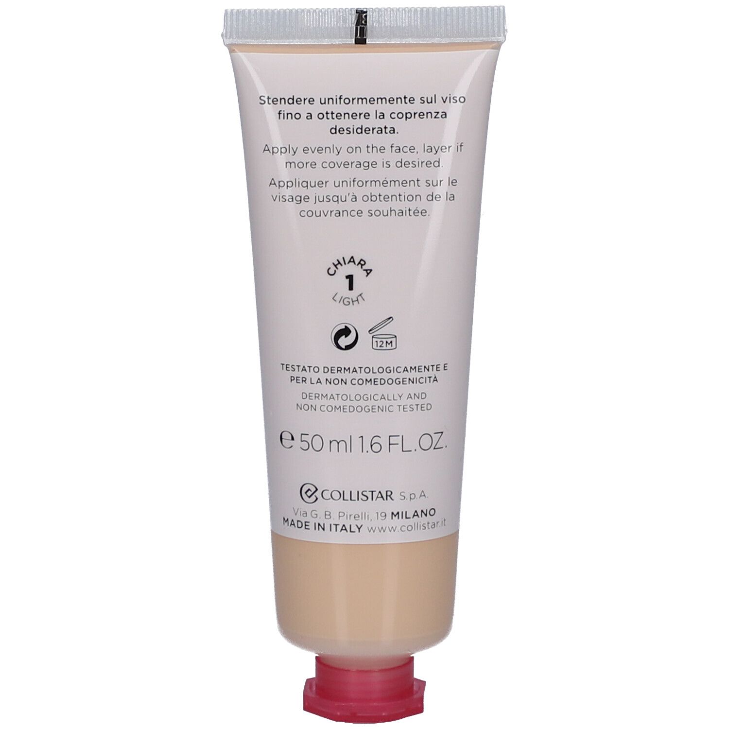 Retro del tubo crema BB. Collistar Idroattiva+ Anti-Pollution. Tinta Light. SPF 30. Testo in italiano.