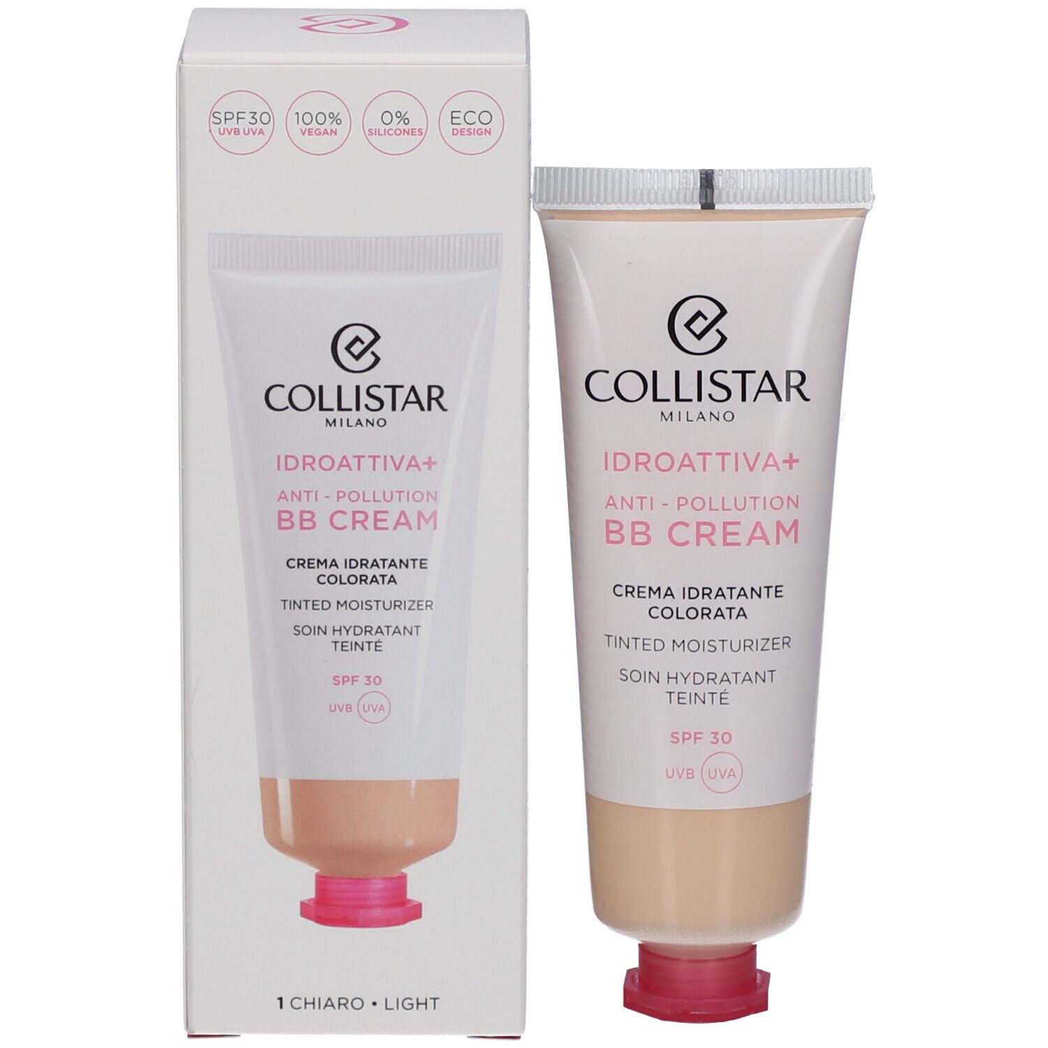 Tubo e confezione crema BB. Collistar Idroattiva+ Anti-Pollution. Tinta Light. SPF 30. Vegan.