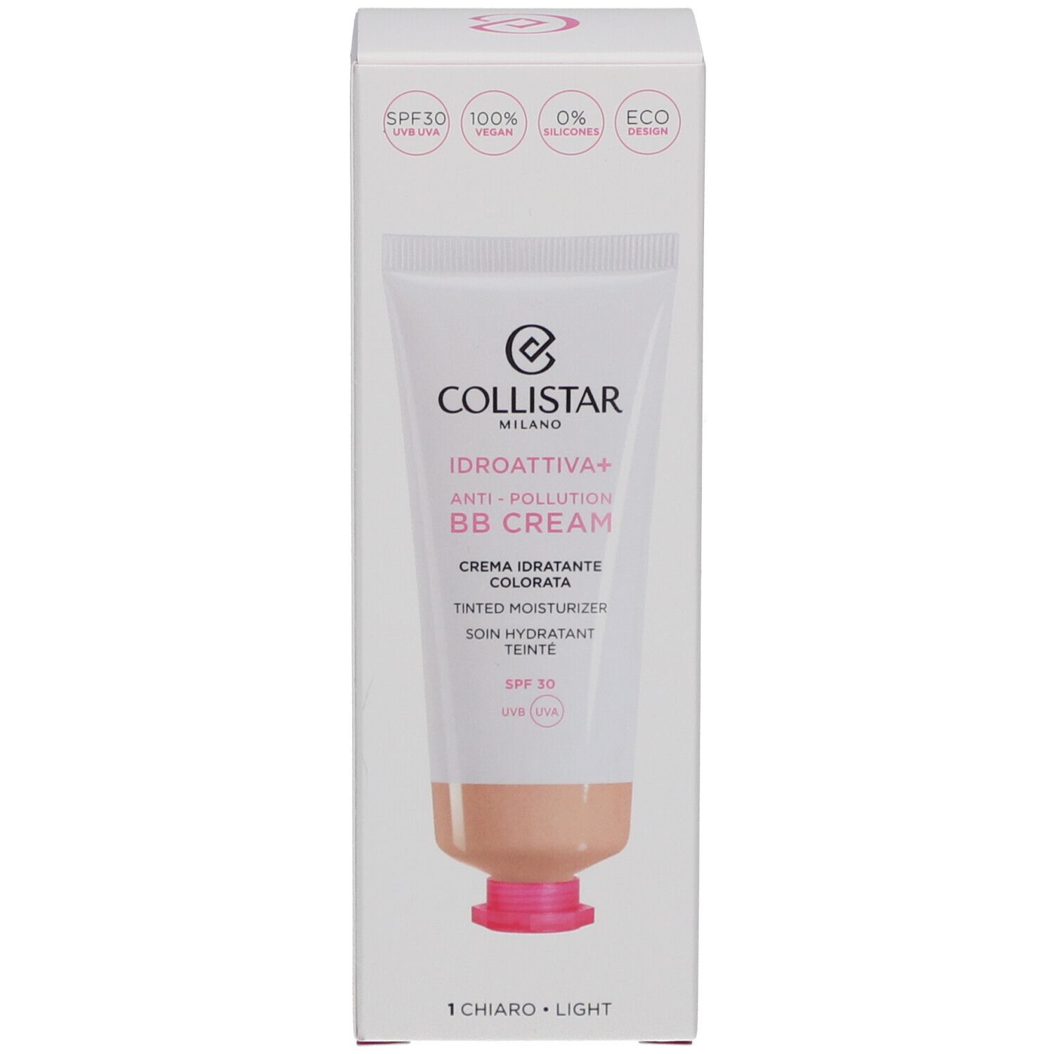 Confezione crema BB. Collistar Idroattiva+ Anti-Pollution. Tinta Light. SPF 30. Vegan.