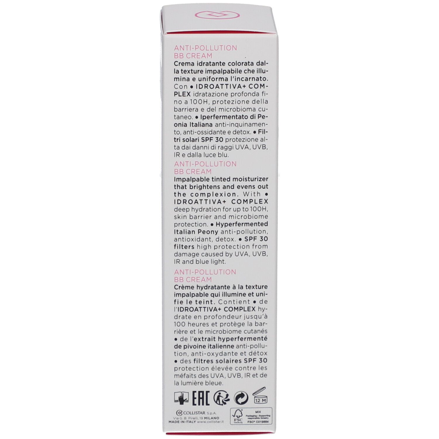 Retro confezione crema BB. Collistar. Testi in italiano e francese. SPF 30.