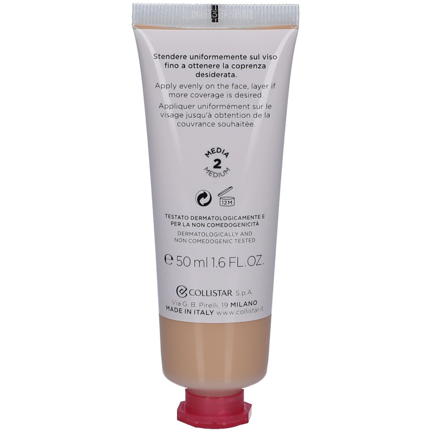 Retro del tubo crema. Testo in italiano, inglese e francese. Tonalità Medium.