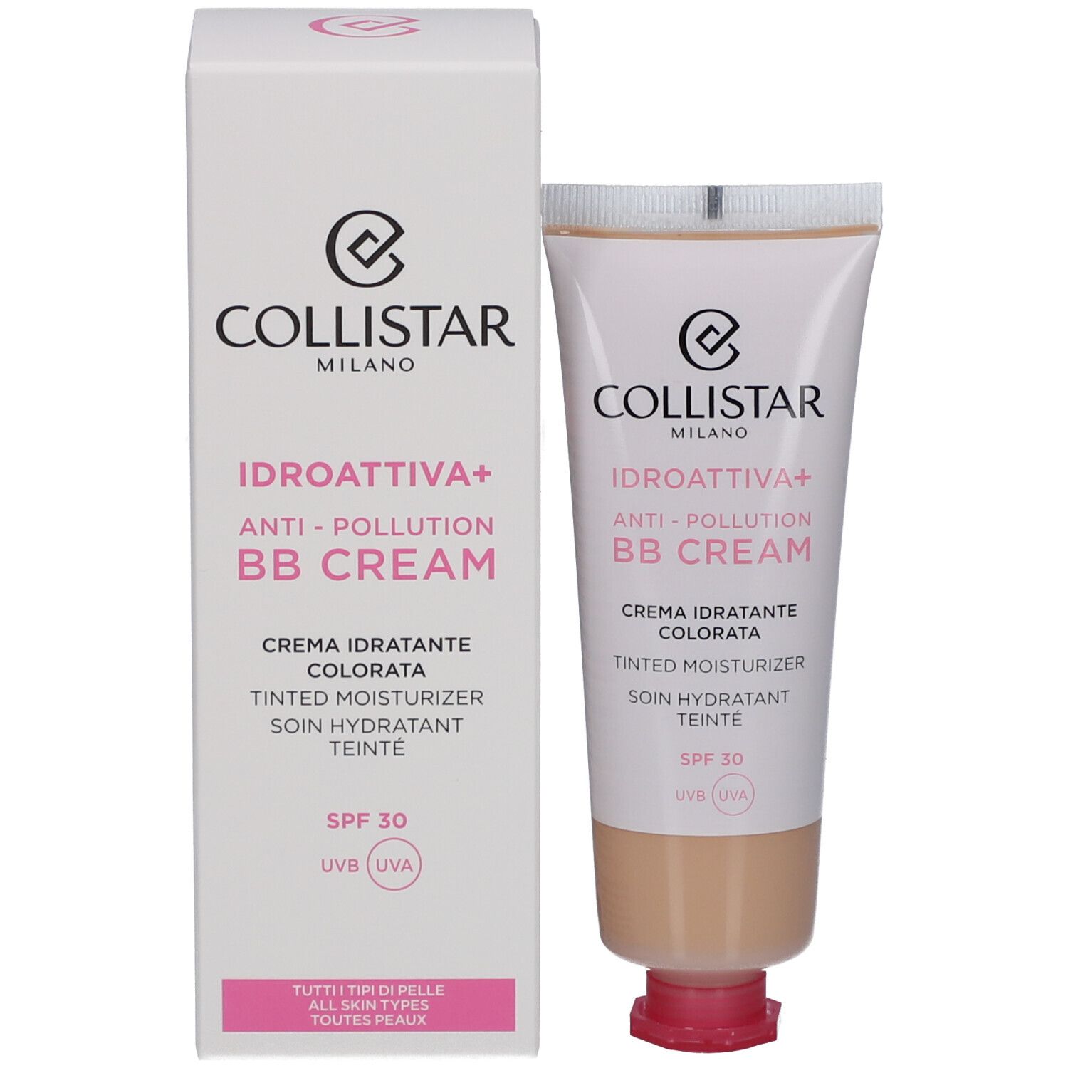 Collistar IDROATTIVA+ Anti-Pollution BB Cream e confezione. Tonalità Medium, SPF 30. Tutti i tipi di pelle.