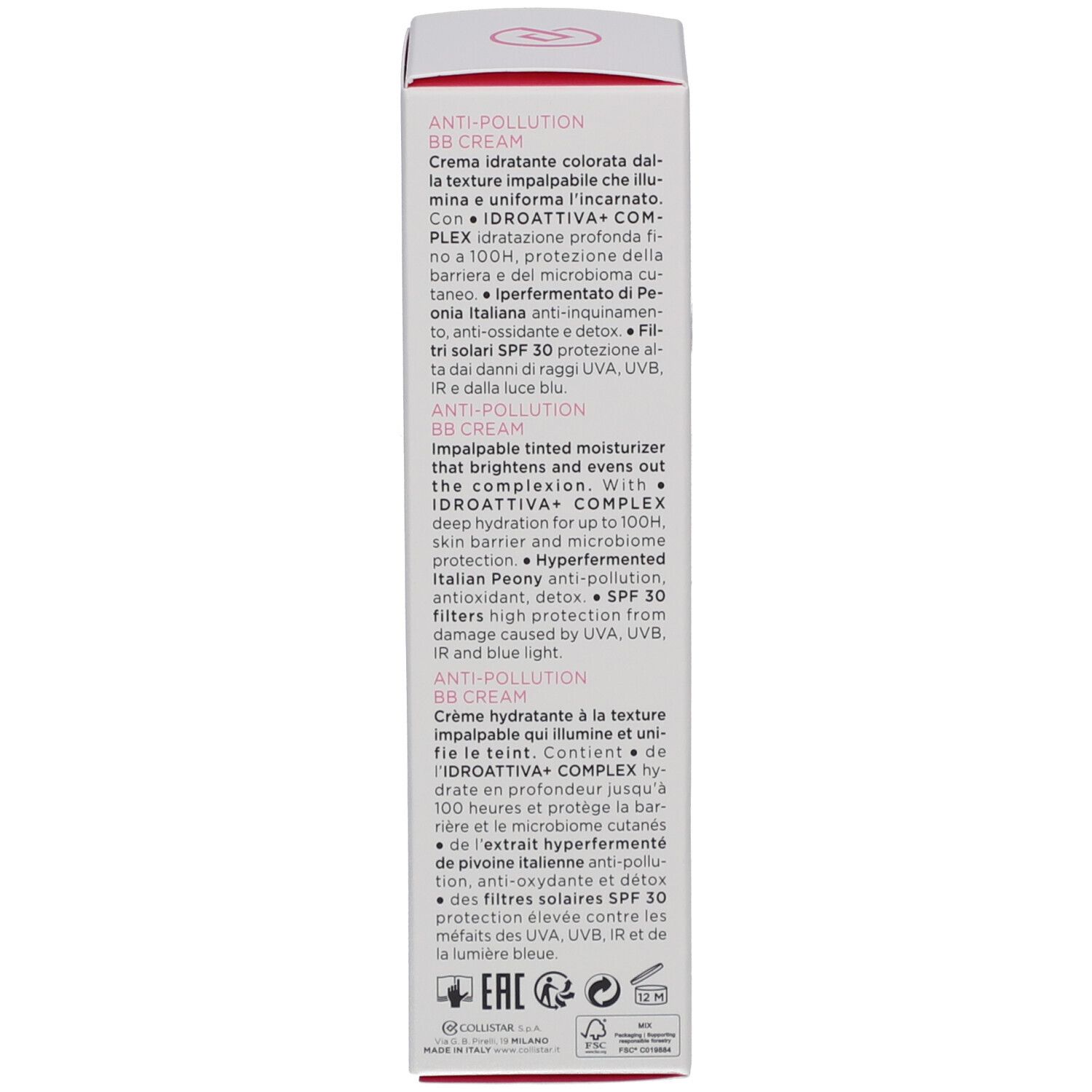 Confezione Collistar IDROATTIVA+ Anti-Pollution BB Cream. Descrizione del prodotto in tre lingue.
