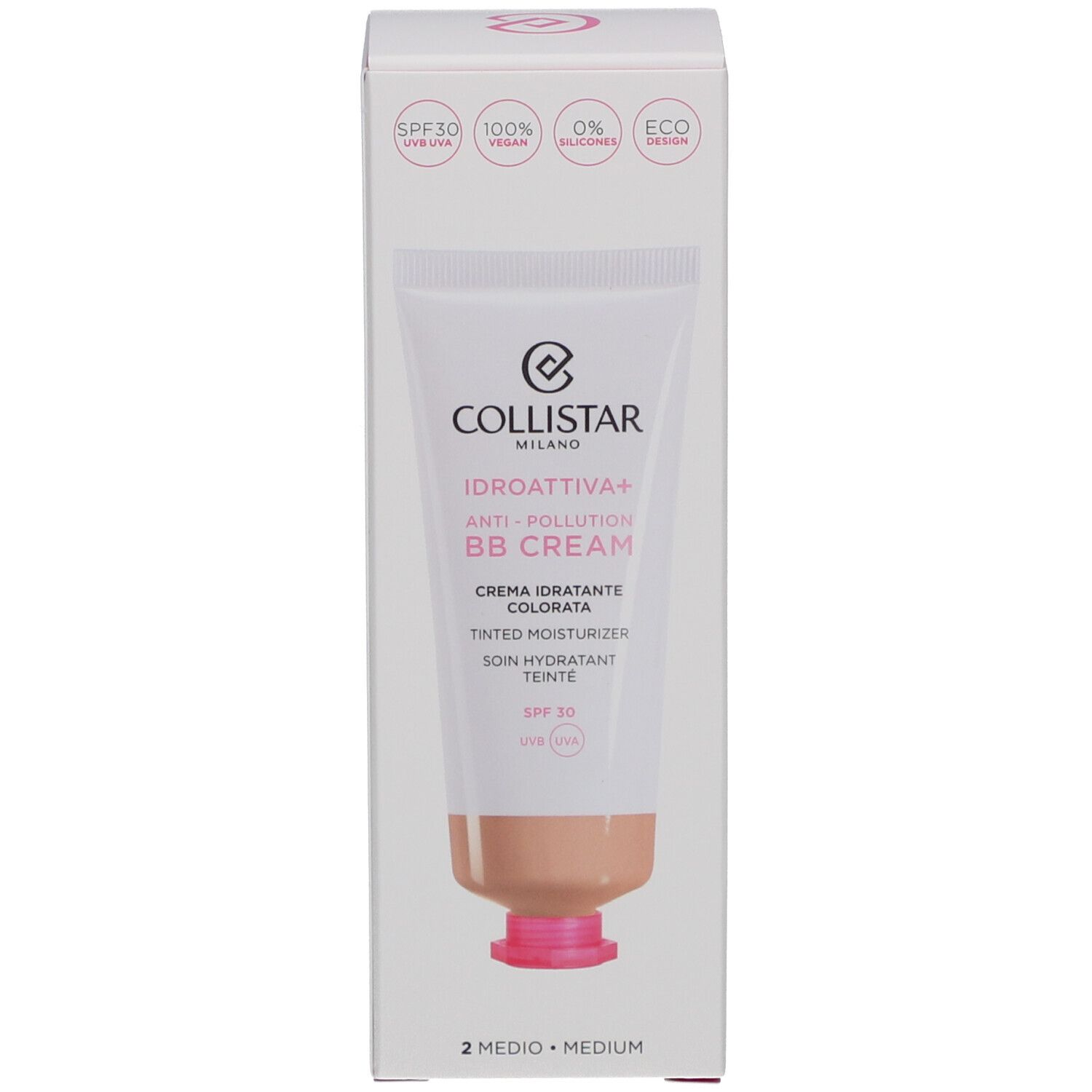 Collistar IDROATTIVA+ Anti-Pollution BB Cream e confezione. Tonalità Medium, SPF 30. Vegano.
