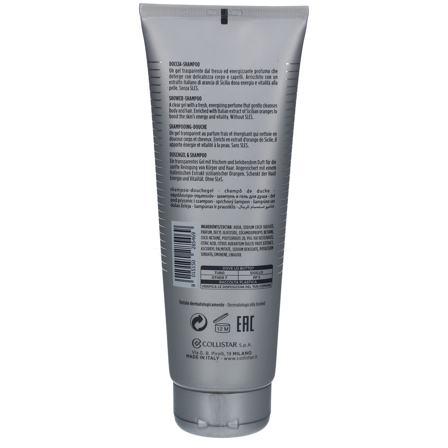 Retro del tubo. Testo in più lingue. Ingredienti, informazioni del produttore e loghi.