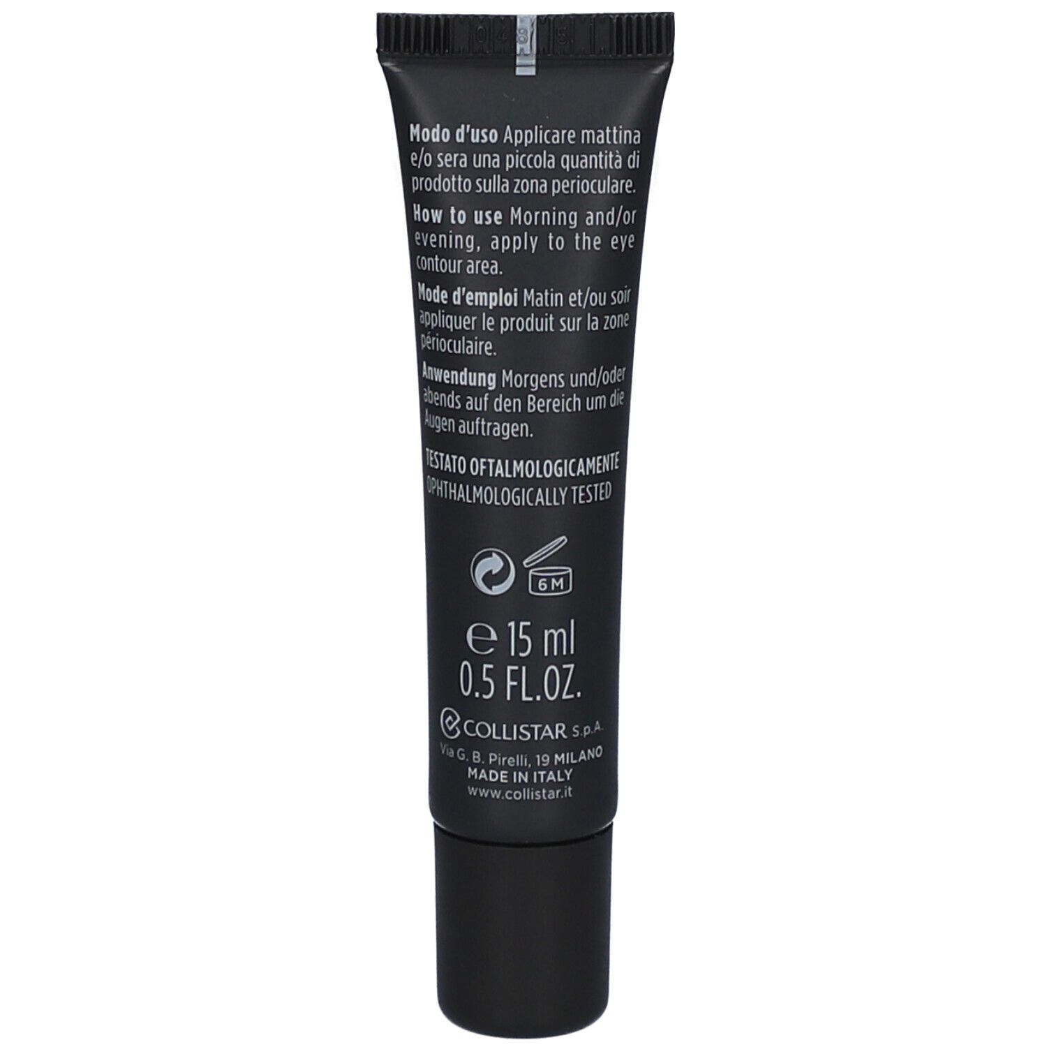 Retro del tubo nero. Testo: istruzioni per l'uso in più lingue. Volume: 15 ml. Marchio: Collistar. Prodotto in Italia.