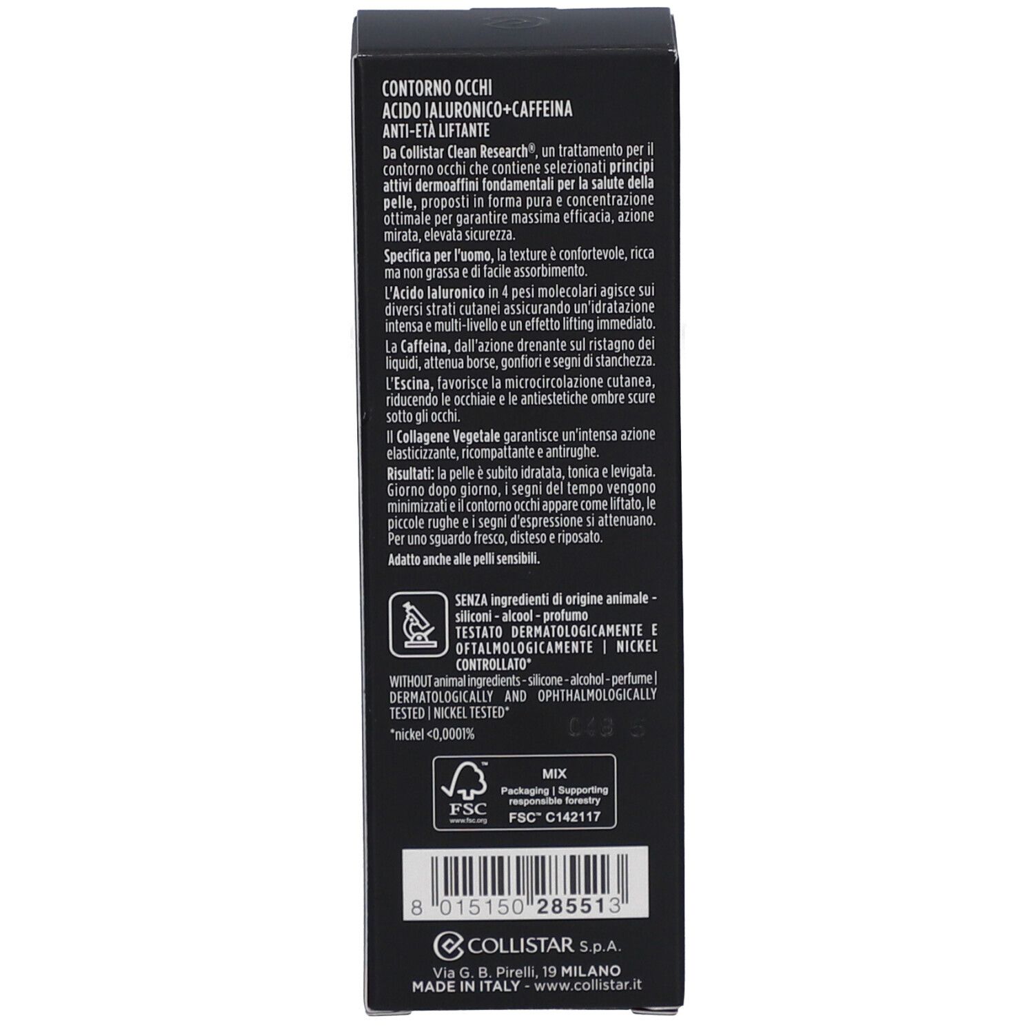 Retro della confezione nera. Testo: ingredienti, istruzioni per l'uso, certificazioni. Marchio: Collistar. Prodotto in Italia.