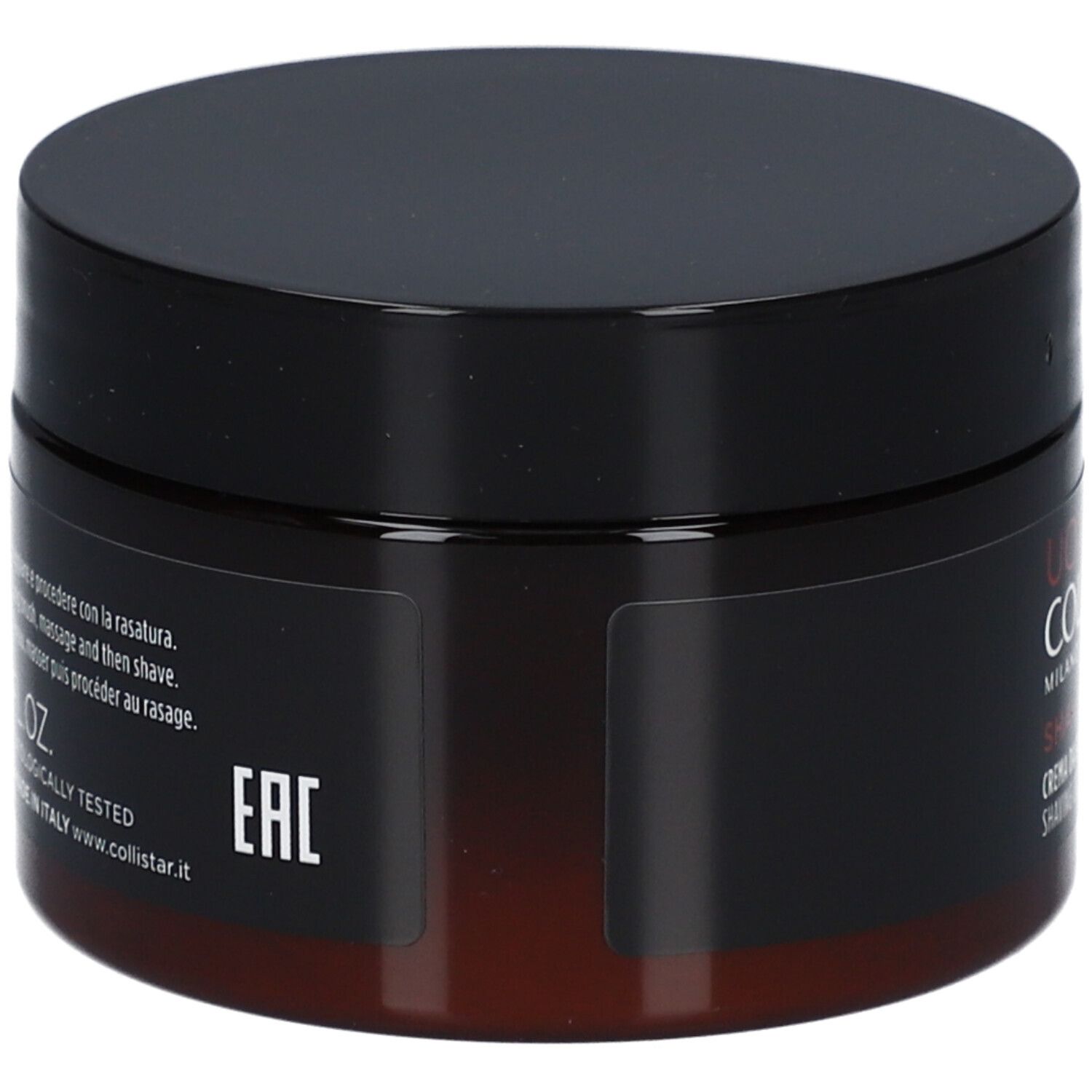 Vasetto marrone scuro con coperchio nero. Scritta: www.collistar.it, simbolo EAC.
