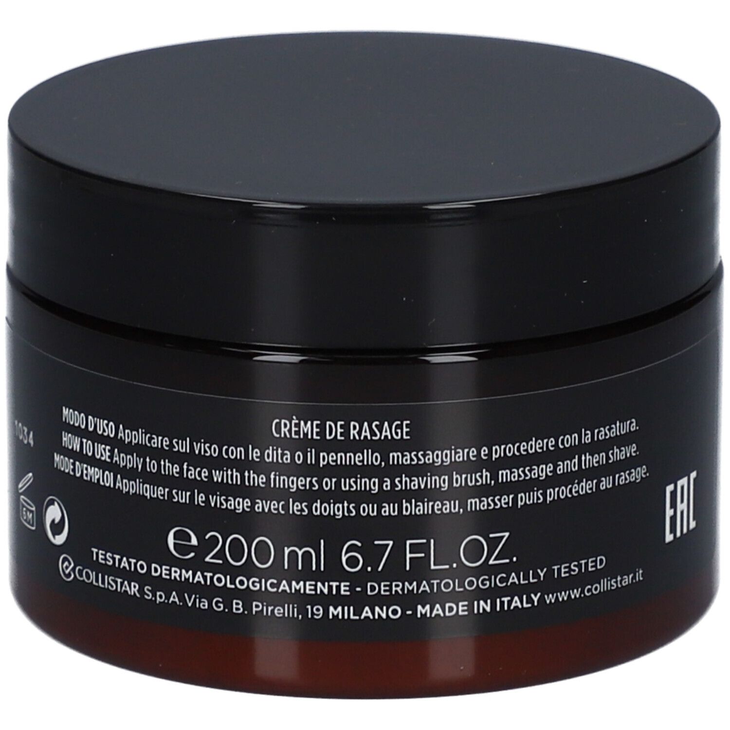 Vasetto marrone scuro con coperchio nero. Scritta: Crème de Rasage, 200 ml, 6.7 FL.OZ., dermatologicamente testato.