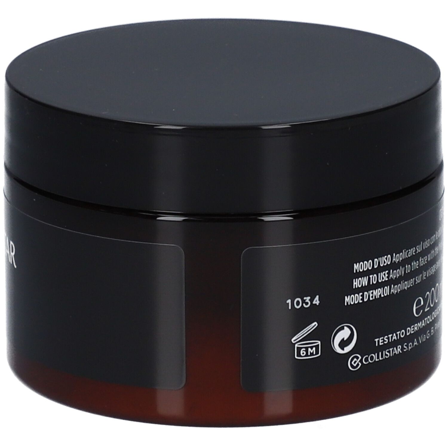 Vasetto marrone scuro con coperchio nero. Scritta: Simbolo 6M, 1034.