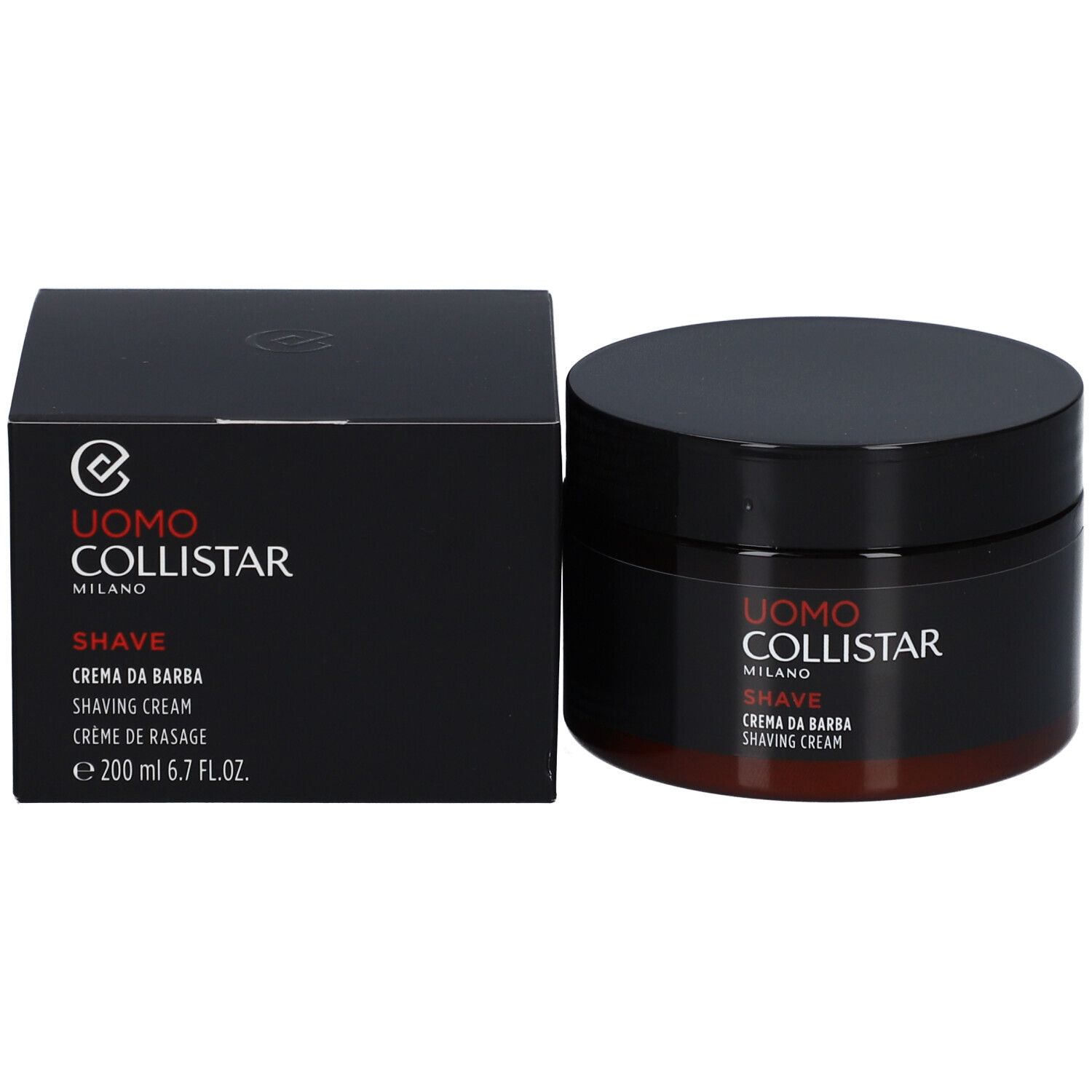 Vasetto marrone scuro con coperchio nero e scatola nera. Scritta: Uomo Collistar Milano, Shave, Crème de Rasage.