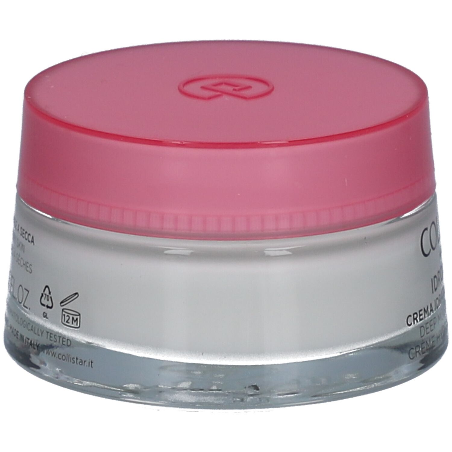 Retro del vaso di crema con coperchio rosa. Scritta: COLLISTAR, IDROATTIVA+, Deep Moisturizing Cream.