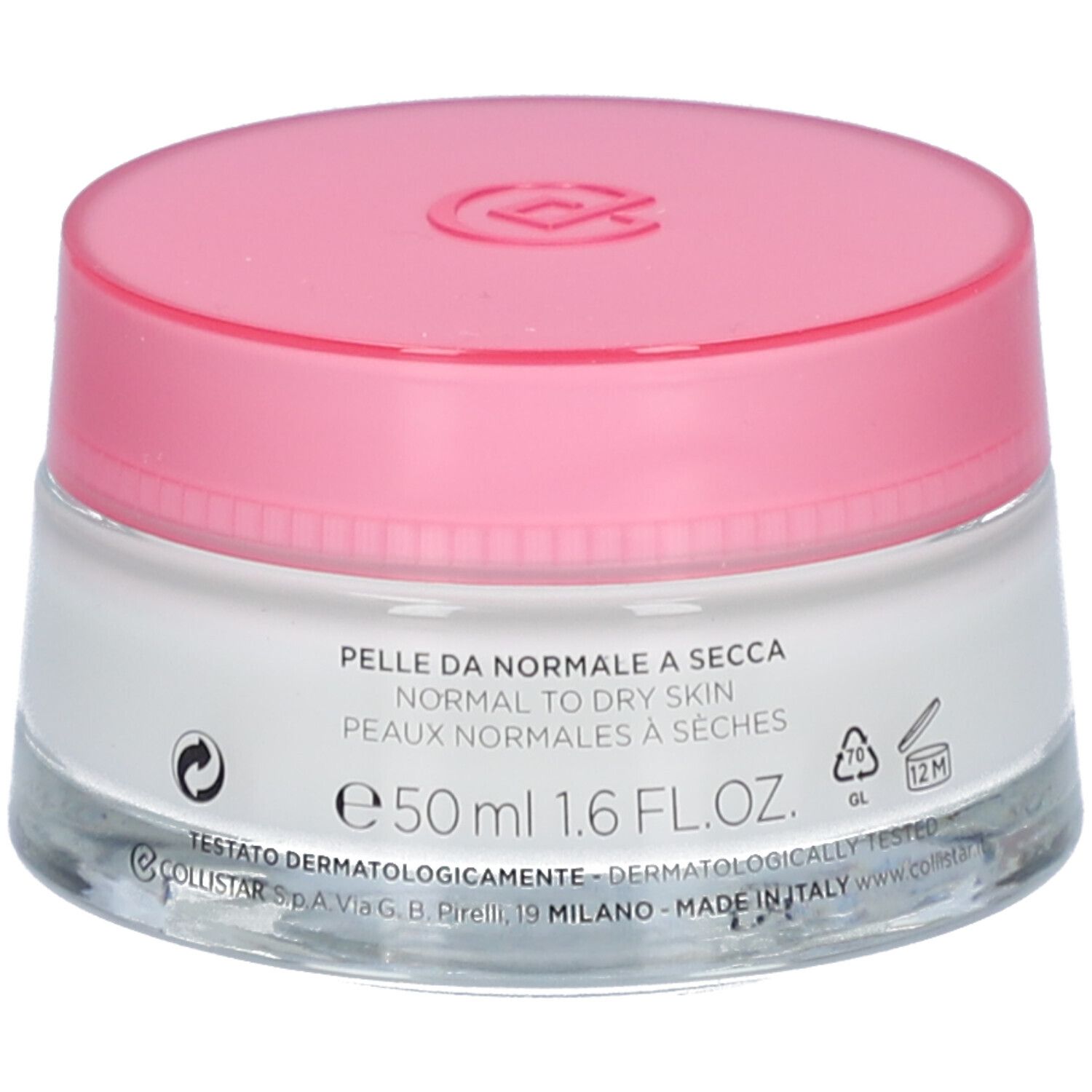 Vaso di crema con coperchio rosa. Scritta: COLLISTAR, IDROATTIVA+, Deep Moisturizing Cream. Pelle da normale a secca.