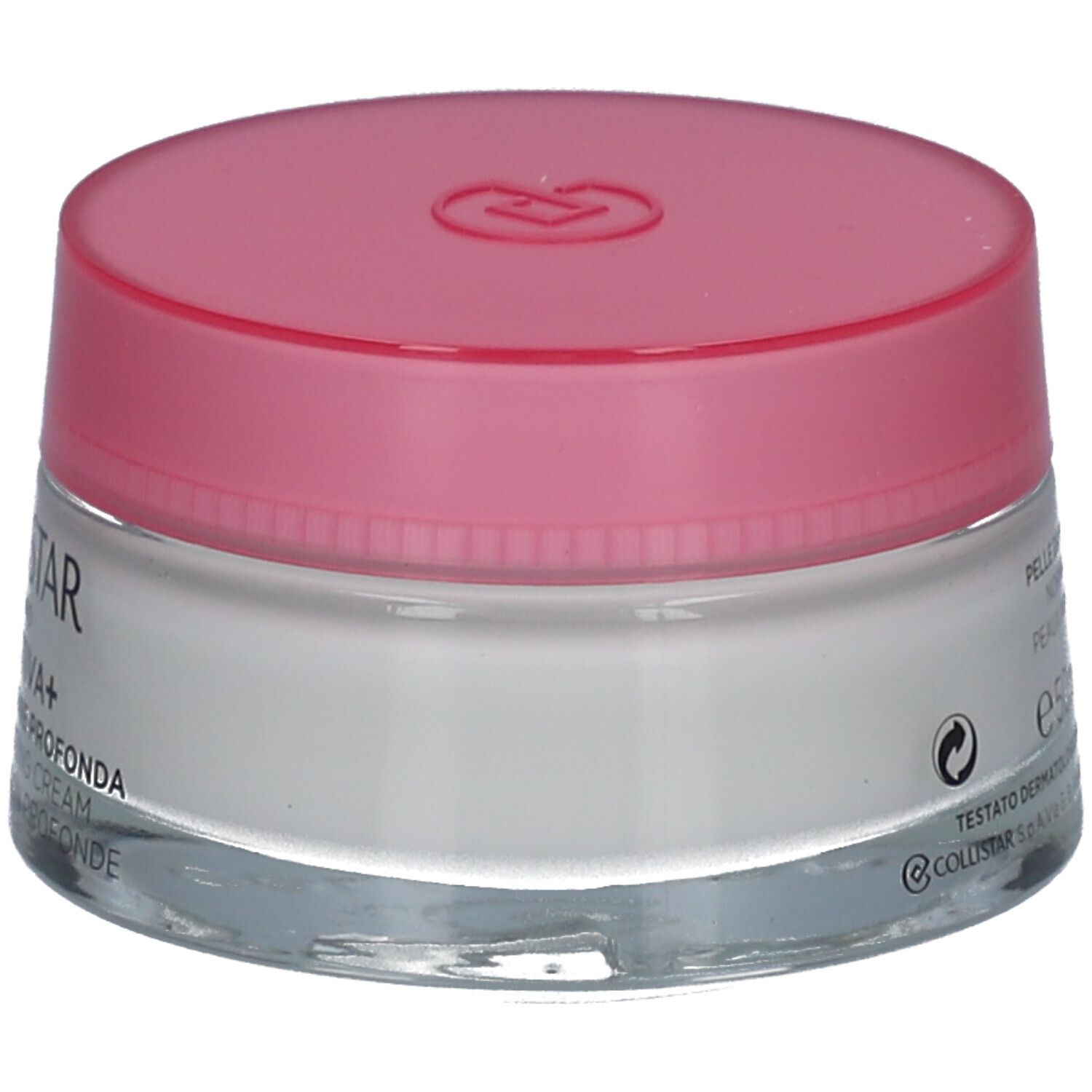 Vaso di crema con coperchio rosa. Scritta: COLLISTAR, IDROATTIVA+, Deep Moisturizing Cream.