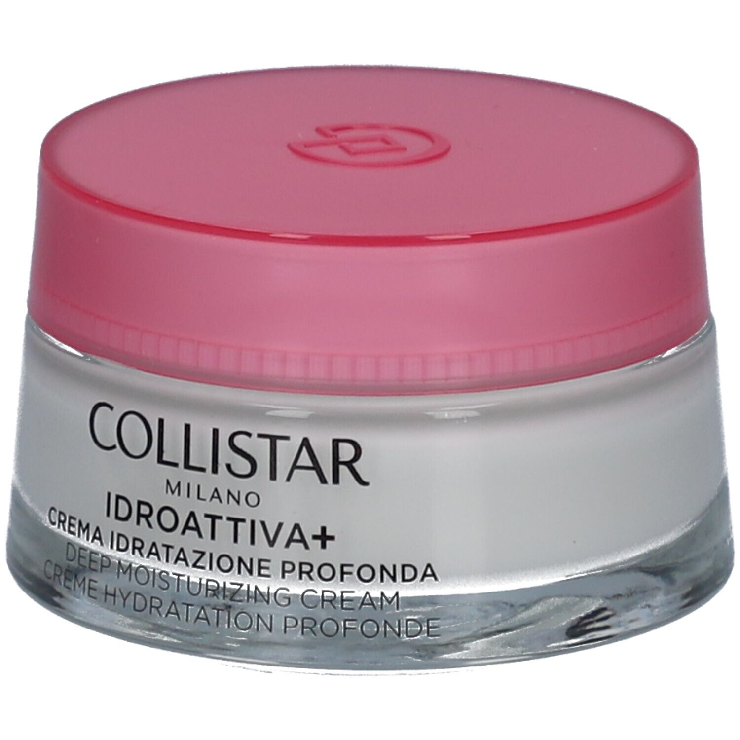 Vaso di crema con coperchio rosa. Scritta: COLLISTAR, IDROATTIVA+, Deep Moisturizing Cream.