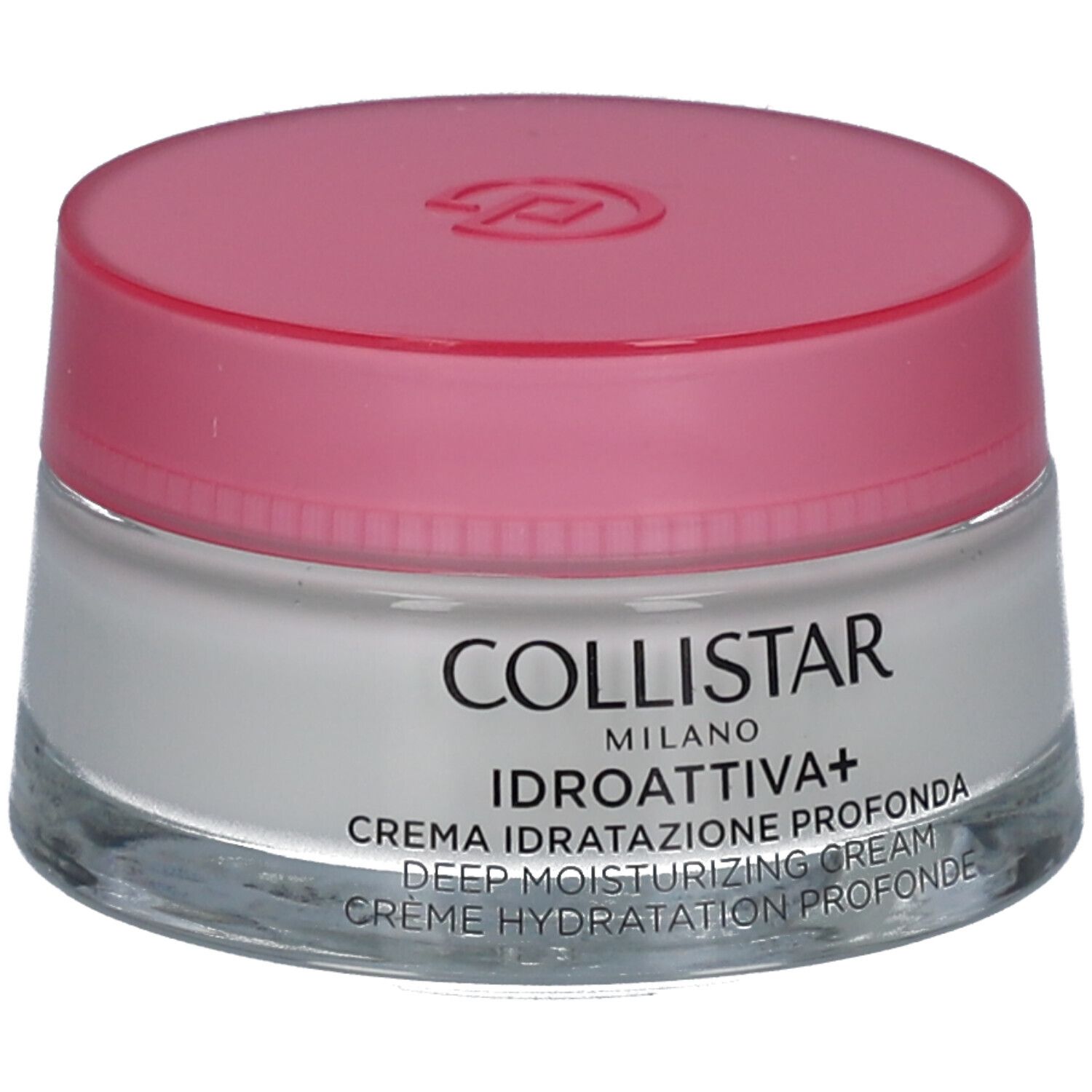 Vaso di crema con coperchio rosa. Scritta: COLLISTAR, IDROATTIVA+, Deep Moisturizing Cream.