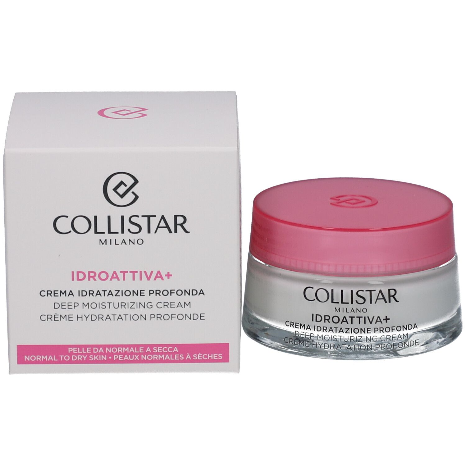 Vaso di crema con coperchio rosa e confezione. Scritta: COLLISTAR, IDROATTIVA+, Deep Moisturizing Cream.