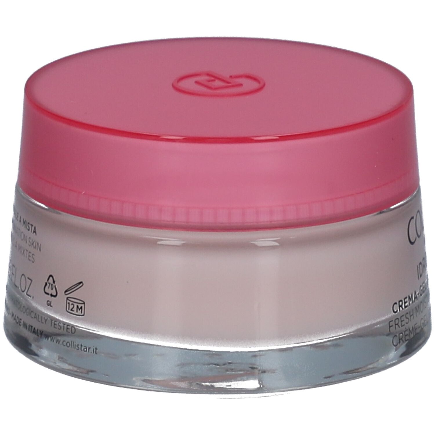Vasetto di crema-gel con coperchio rosa. Scritta: COLLISTAR, IDROATTIVA+, Crema-gel. Testo sul retro.