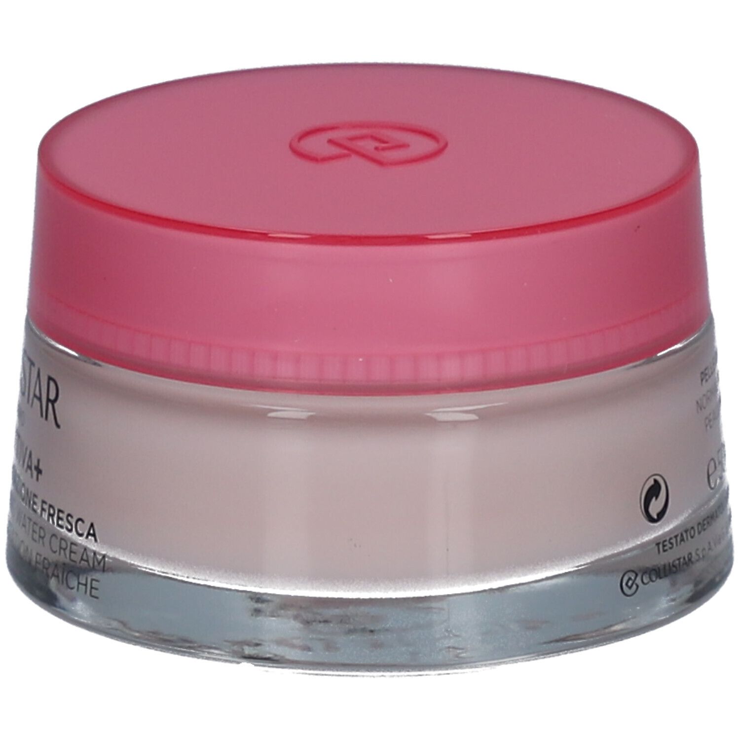 Vasetto di crema-gel con coperchio rosa. Scritta: COLLISTAR, IDROATTIVA+, Crema-gel. Contenitore in vetro.