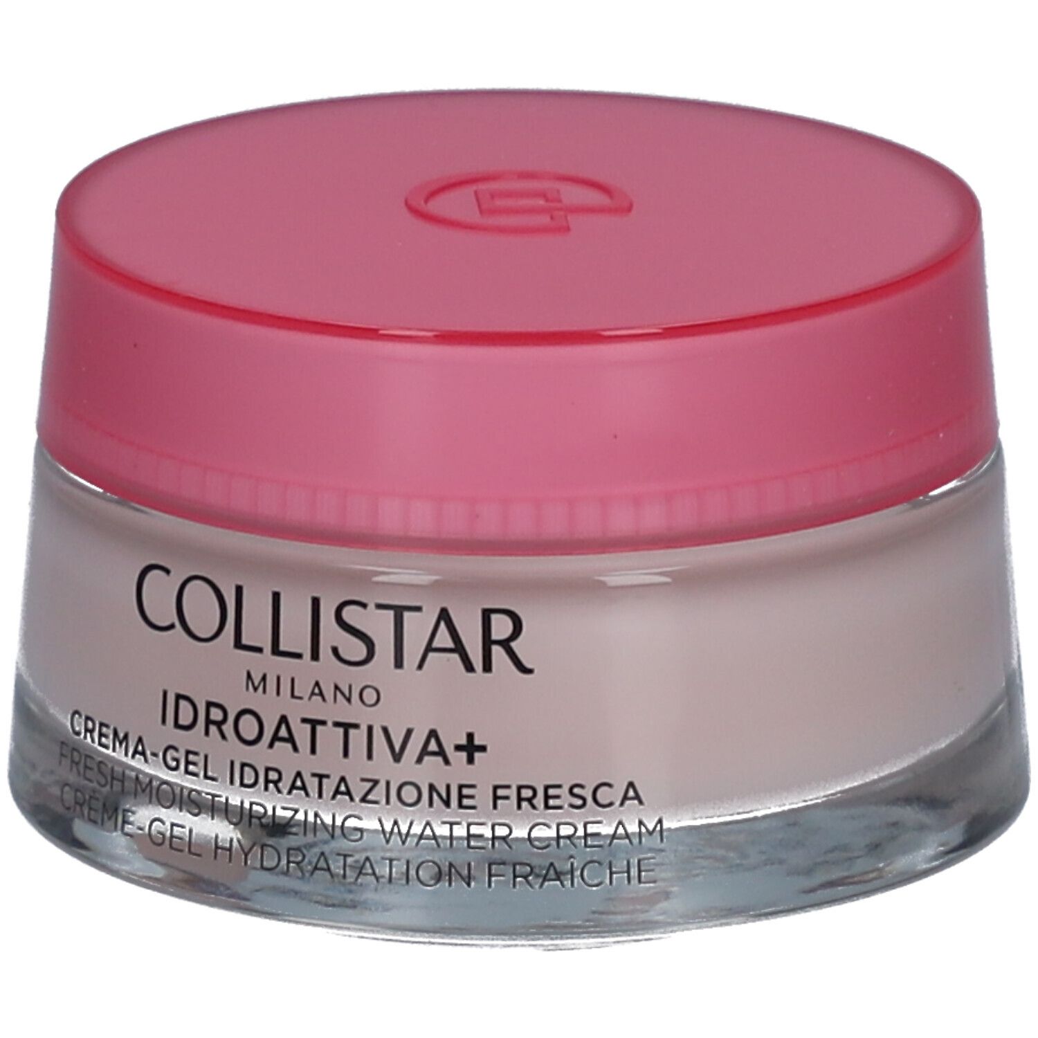 Vasetto di crema-gel con coperchio rosa. Scritta: COLLISTAR, IDROATTIVA+, Crema-gel. Contenitore in vetro.