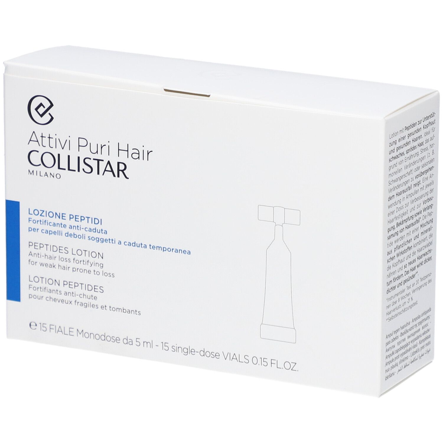 Scatola bianca con stampa del prodotto. Testo: Attivi Puri Hair Collistar, Lozione Peptidi, Peptides Lotion, Lotion Peptides.