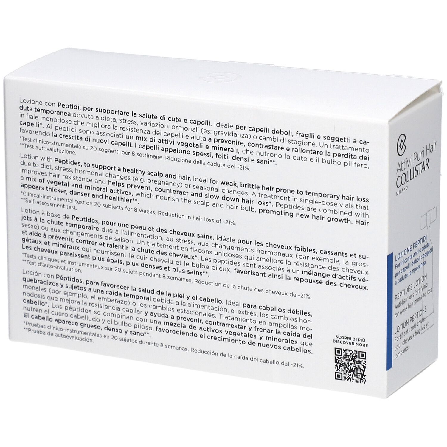 Retro della scatola bianca con informazioni sul prodotto. Testo: Attivi Puri Hair Collistar, Lozione Peptidi, Peptides Lotion, Lotion Peptides.