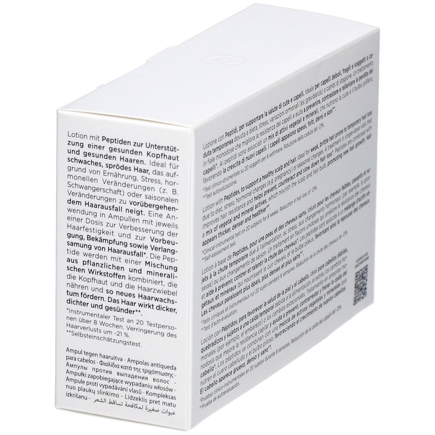 Retro della scatola bianca con informazioni sul prodotto. Testo: Attivi Puri Hair Collistar, Lozione Peptidi, Peptides Lotion, Lotion Peptides.