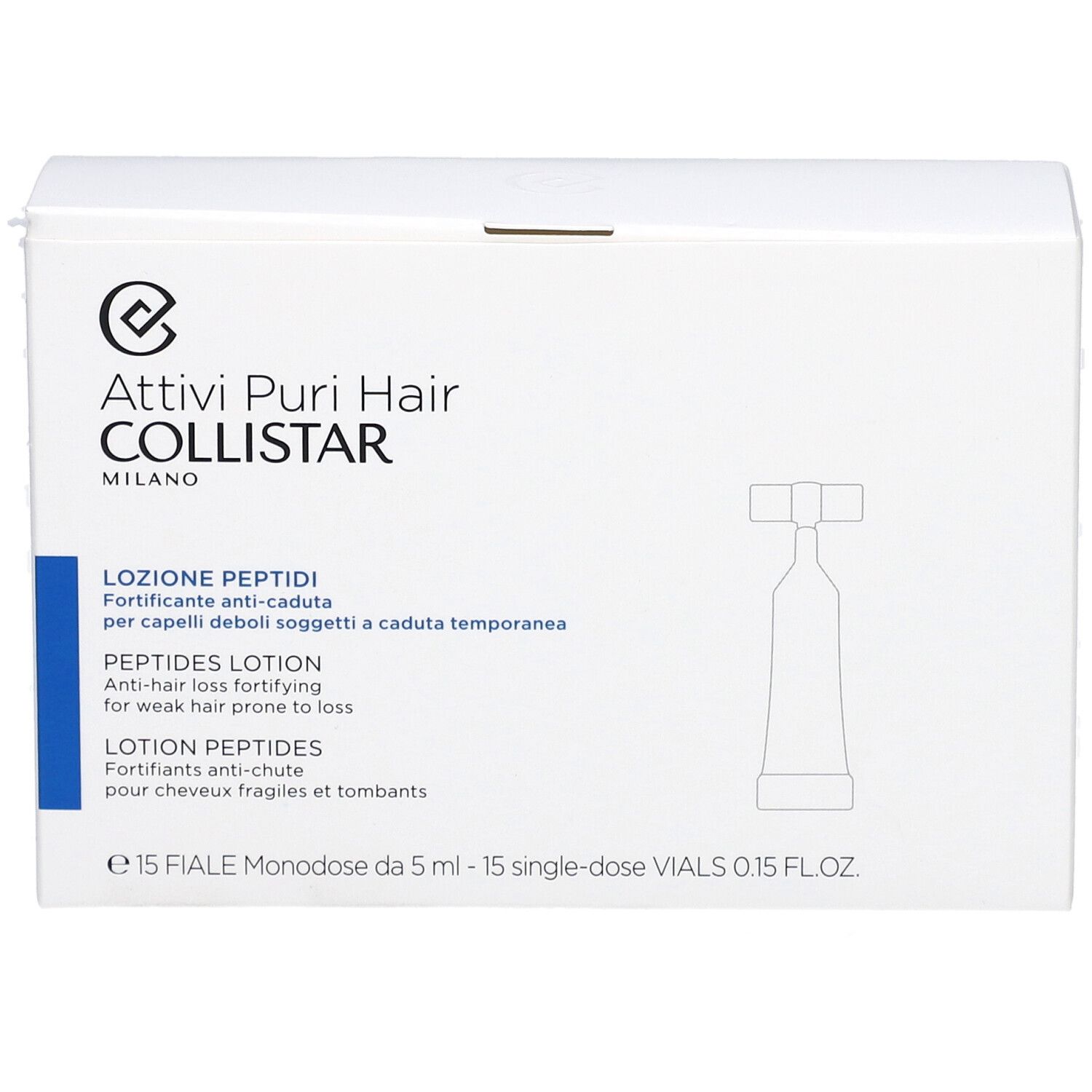 Scatola bianca con stampa del prodotto. Testo: Attivi Puri Hair Collistar, Lozione Peptidi, Peptides Lotion, Lotion Peptides.