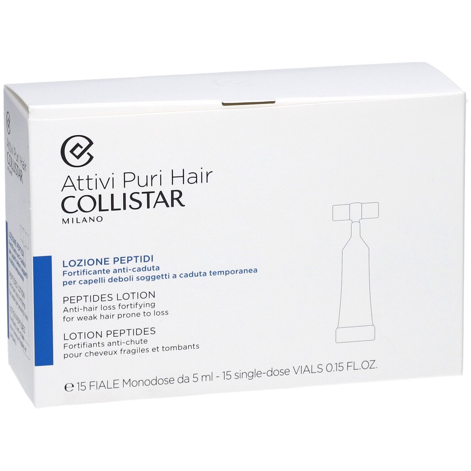 Scatola bianca con stampa del prodotto. Testo: Attivi Puri Hair Collistar, Lozione Peptidi, Peptides Lotion, Lotion Peptides.