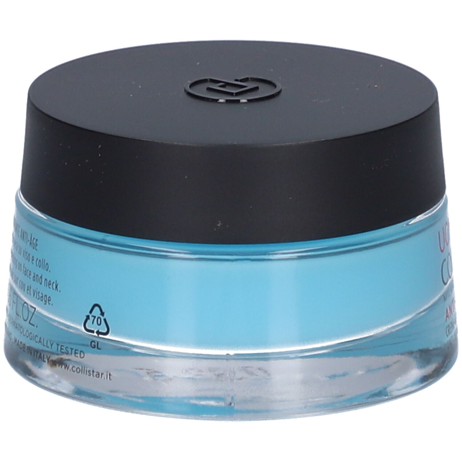 Gel-crema blu in un barattolo di vetro con coperchio nero. Scritta e simbolo di riciclaggio.