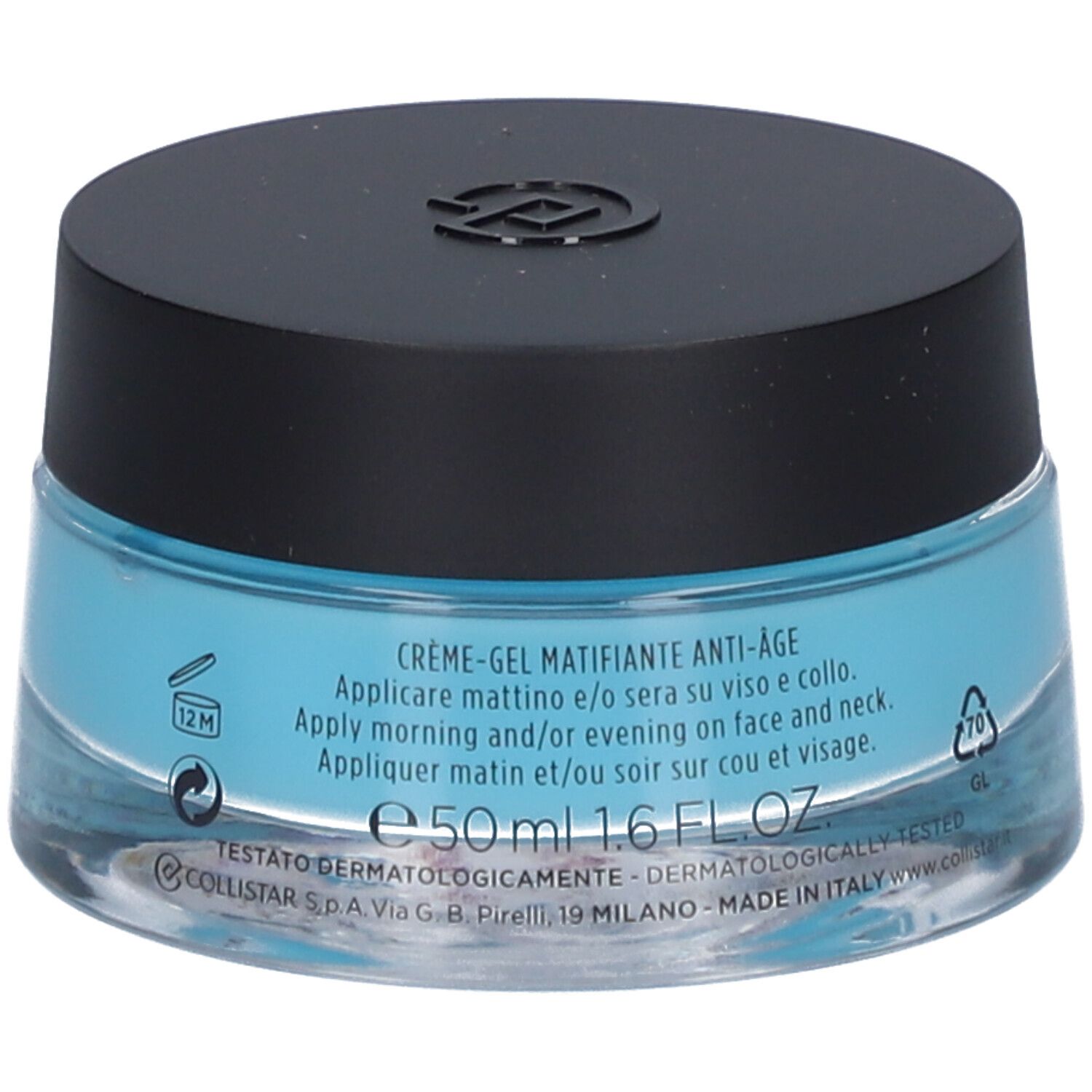 Gel-crema blu in un barattolo di vetro con coperchio nero. Scritta: 50 ml, 1.6 FL.OZ. e istruzioni.