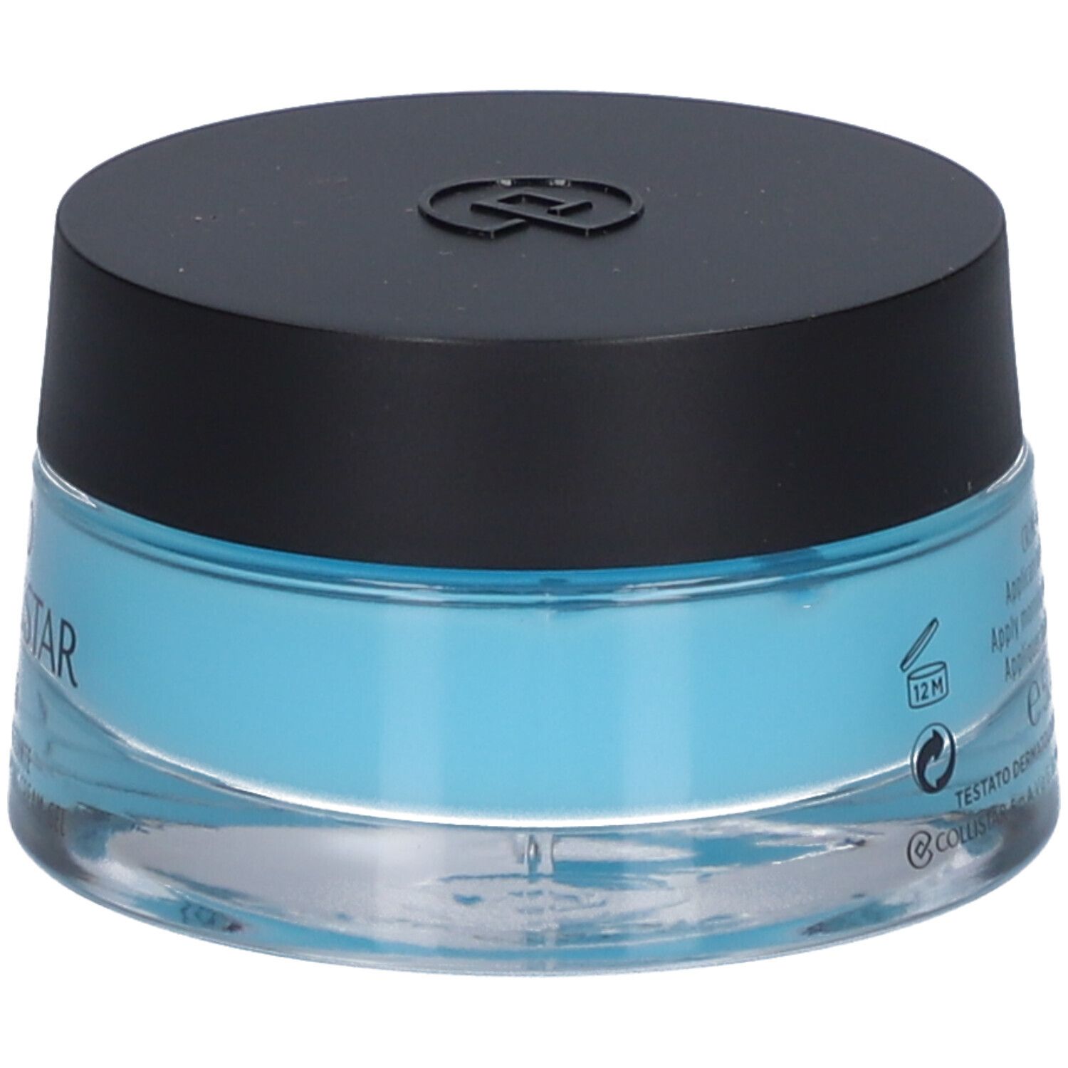 Gel-crema blu in un barattolo di vetro con coperchio nero. Scritta e simbolo di riciclaggio.