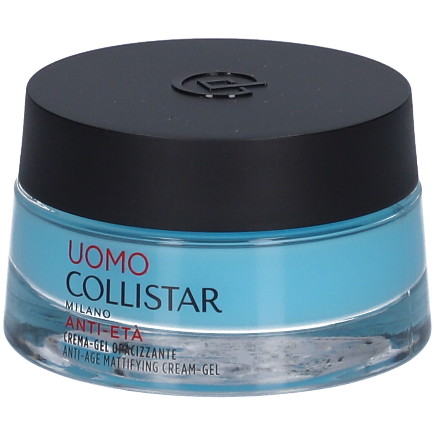 Gel-crema blu in un barattolo di vetro con coperchio nero. Scritta: Uomo Collistar, Anti-Age.