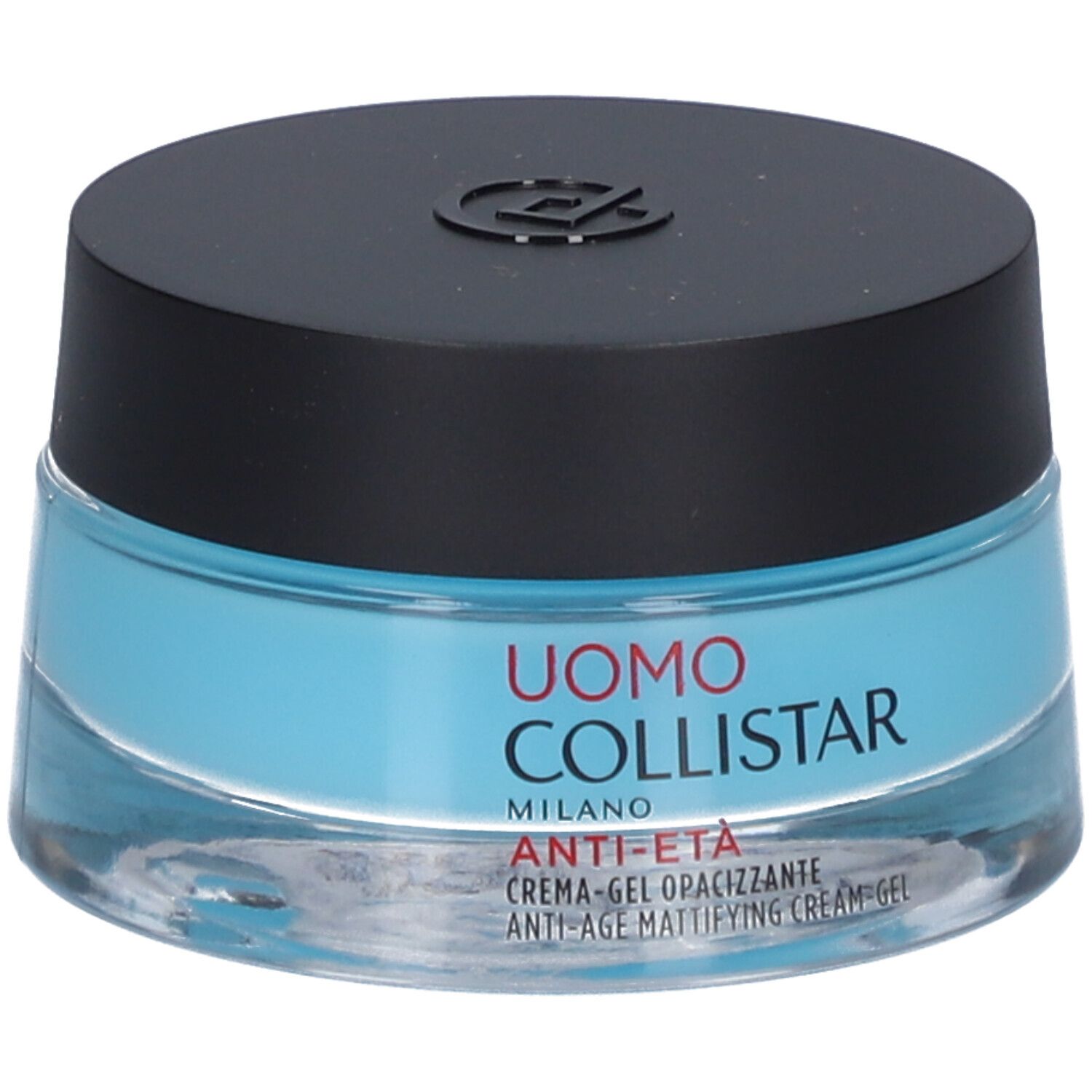 Gel-crema blu in un barattolo di vetro con coperchio nero. Scritta: Uomo Collistar, Anti-Age.