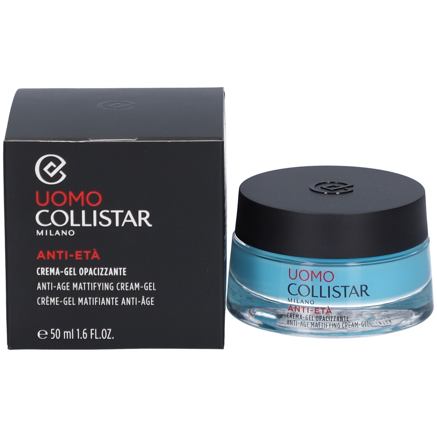 Gel-crema e confezione. Scatola nera con scritta: Uomo Collistar, Anti-Age, 50 ml.