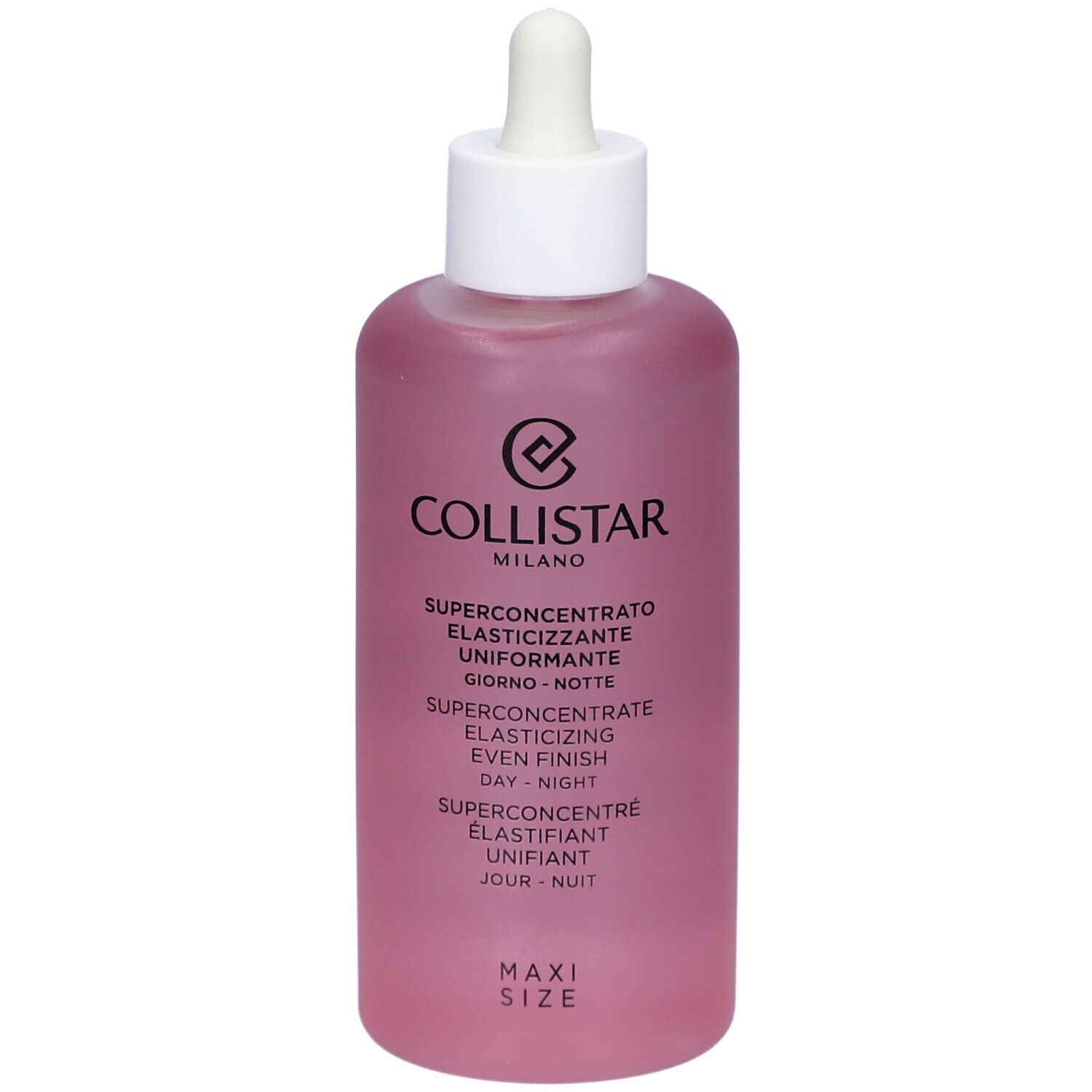 Flacone rosa con tappo bianco e contagocce. Testo: Collistar, Superconcentrato Elasticizzante Uniformante Giorno-Notte.