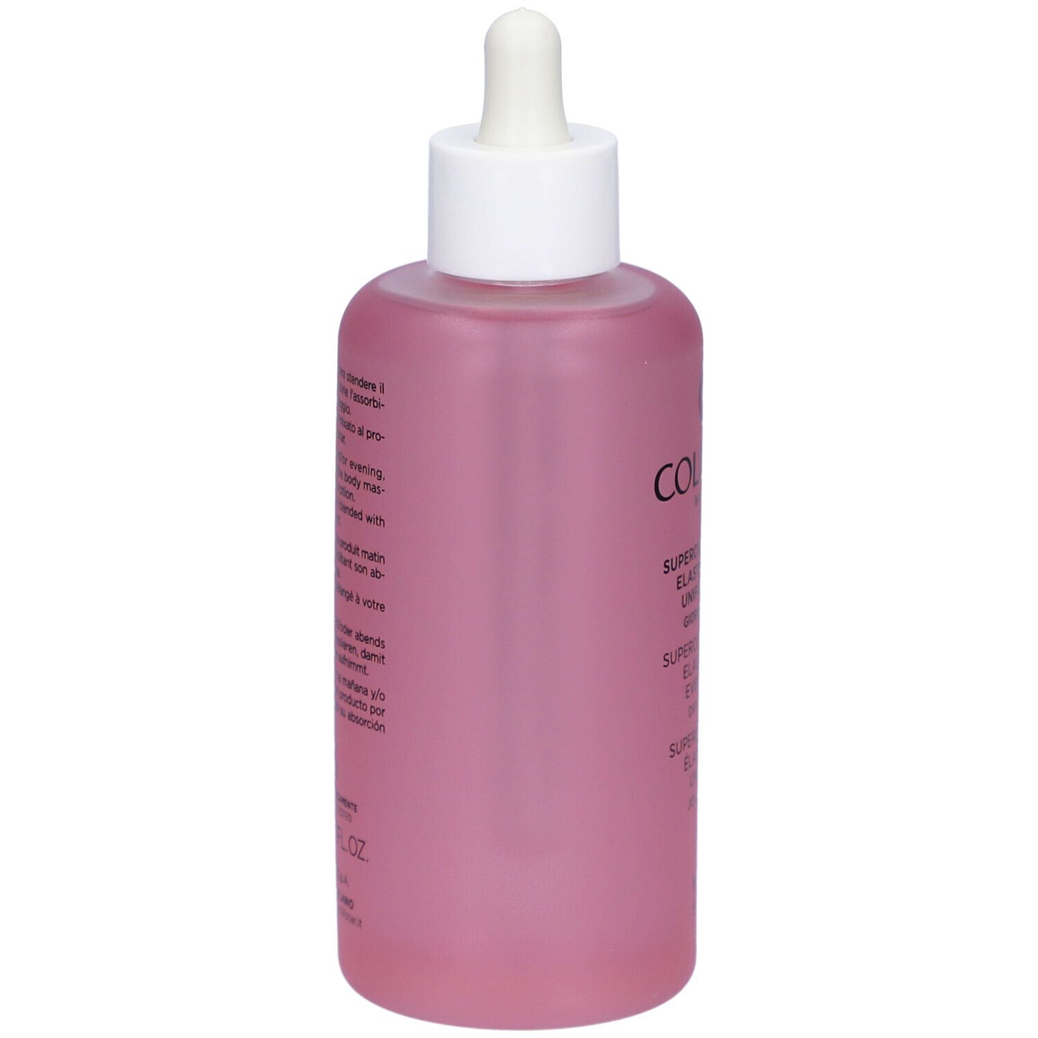 Retro di un flacone rosa con tappo bianco e contagocce. Testo: Collistar, Superconcentrato Elasticizzante Uniformante.