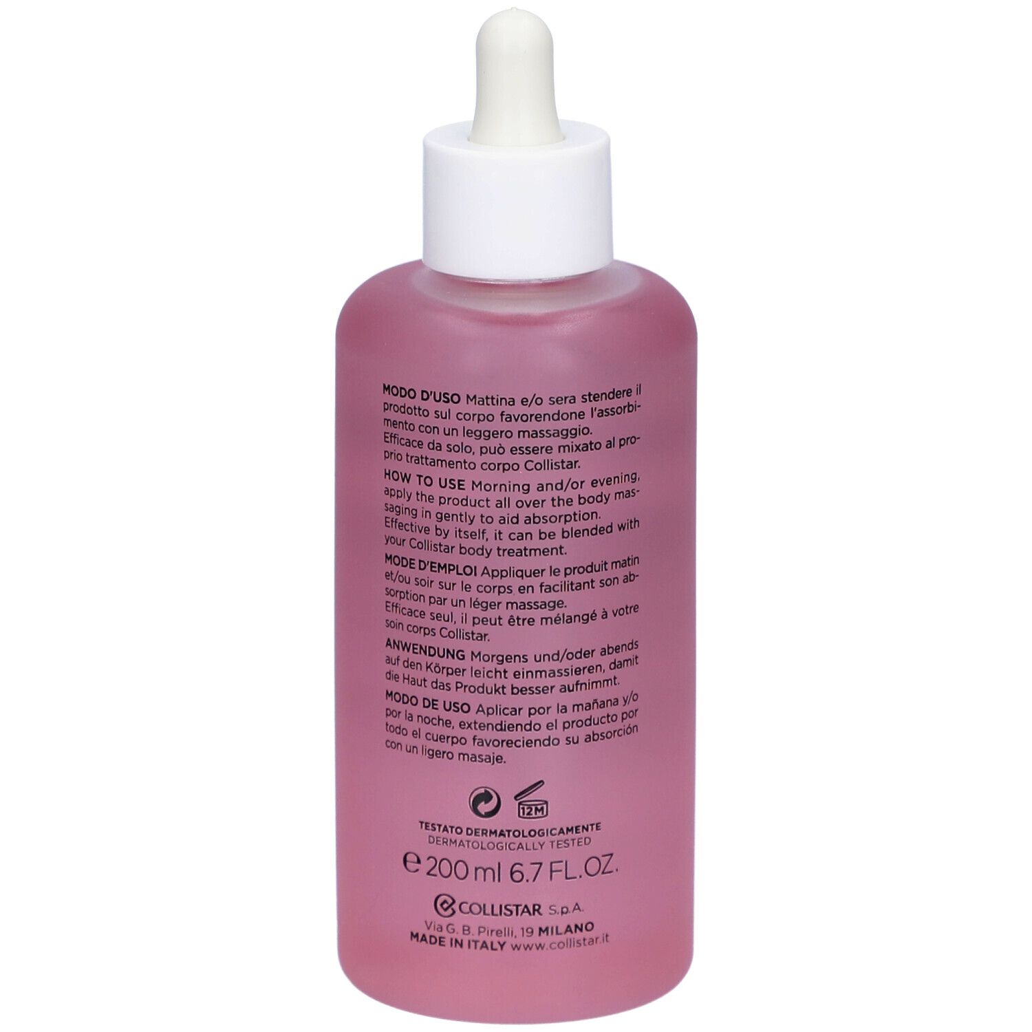 Retro di un flacone rosa con tappo bianco e contagocce. Testo multilingue. 200 ml.