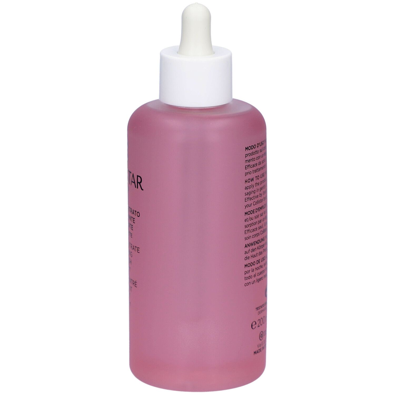 Retro di un flacone rosa con tappo bianco e contagocce. Testo: Collistar, Superconcentrato Elasticizzante Uniformante.