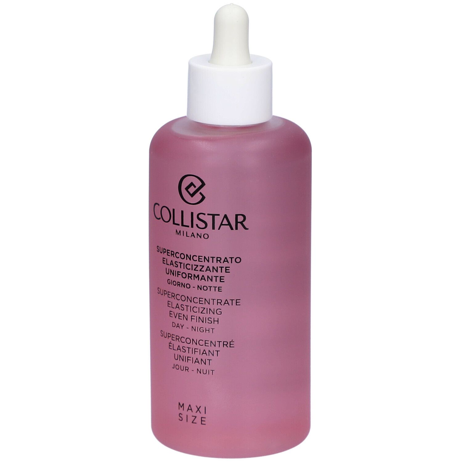 Flacone rosa con tappo bianco e contagocce. Testo: Collistar, Superconcentrato Elasticizzante Uniformante. Maxi Size.