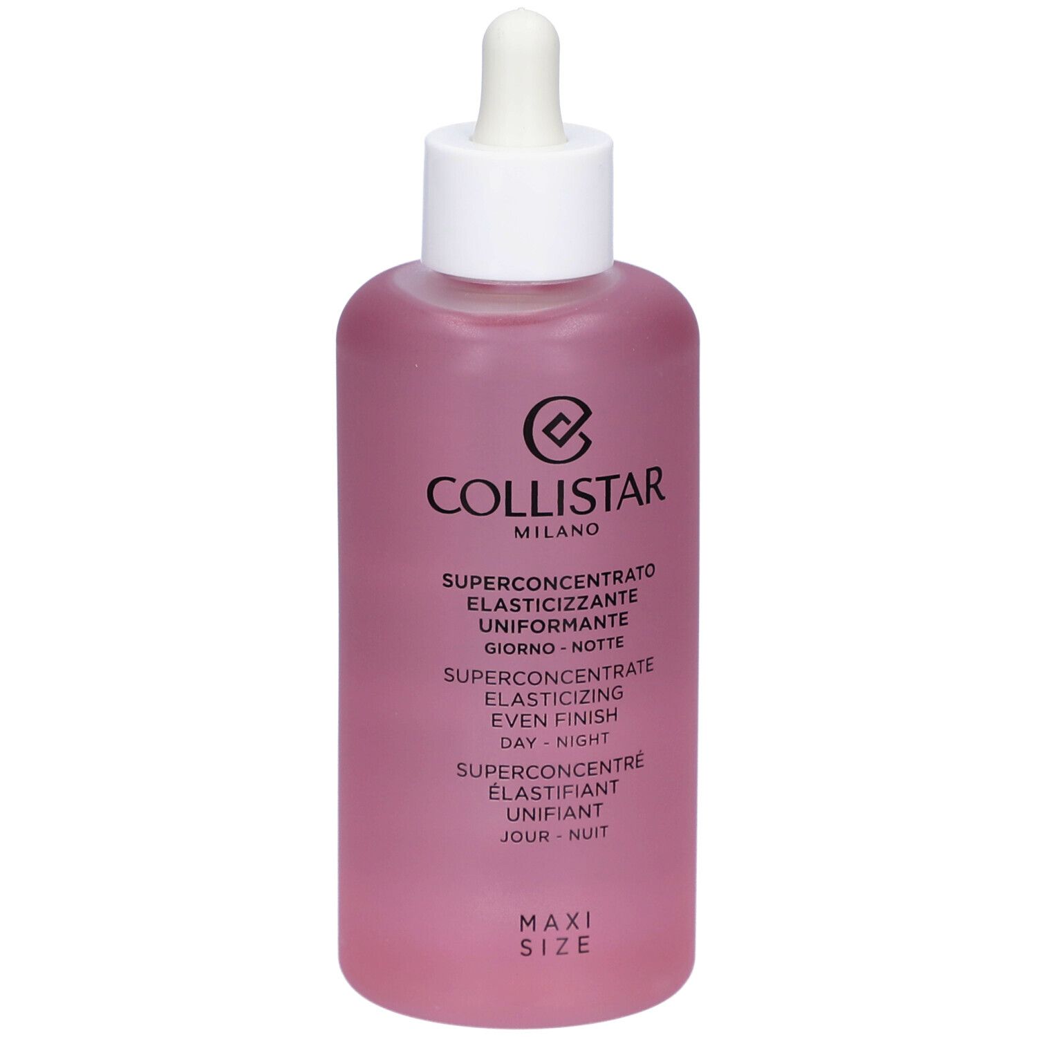 Flacone rosa con tappo bianco e contagocce. Testo: Collistar, Superconcentrato Elasticizzante Uniformante. Maxi Size.