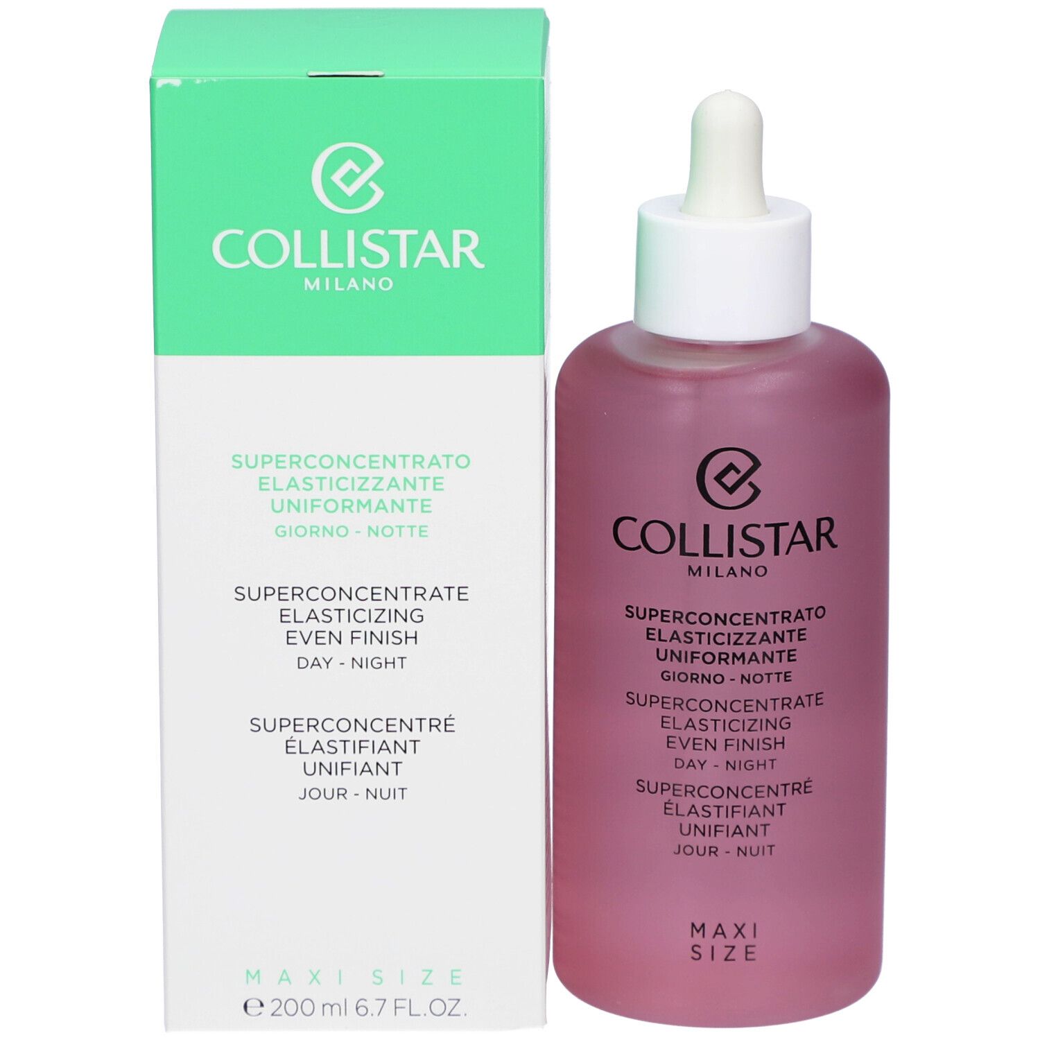 Confezione e flacone. Testo: Collistar, Superconcentrato Elasticizzante Uniformante. Maxi Size. 200 ml.