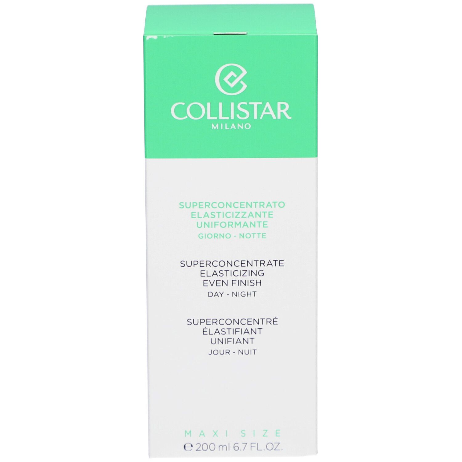 Confezione. Testo: Collistar, Superconcentrato Elasticizzante Uniformante. Maxi Size. 200 ml.